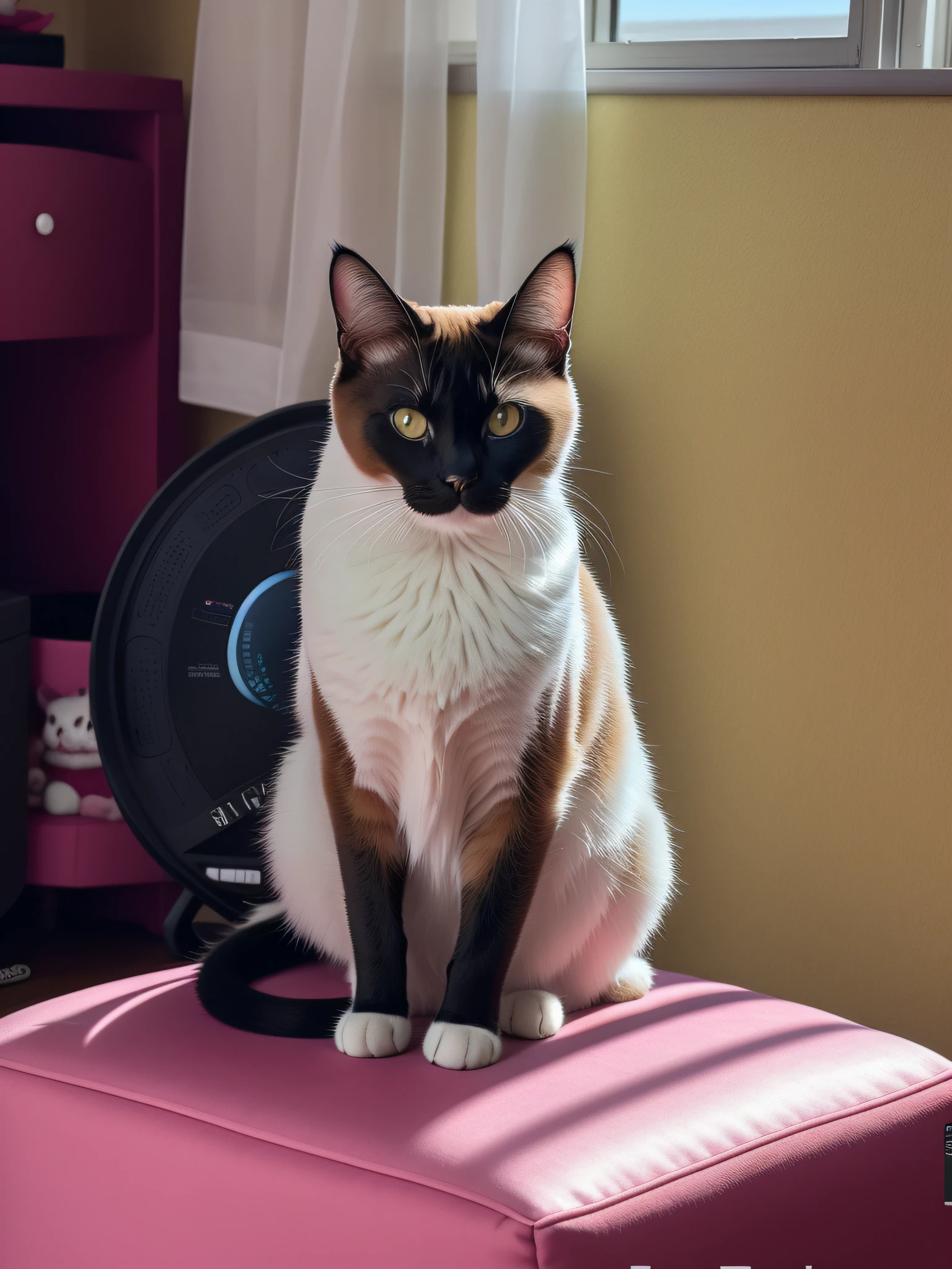 there is a cat sitting on a pink cushion in a room, aesthetic siamese cat, Tomado com Sony Alpha 9, proud serious expression, taken with sony a7r camera, cat on the table in front of her, olhar orgulhoso, foto de um gato, Carrancudo, Sittin, she is looking at us, in a menacing pose
