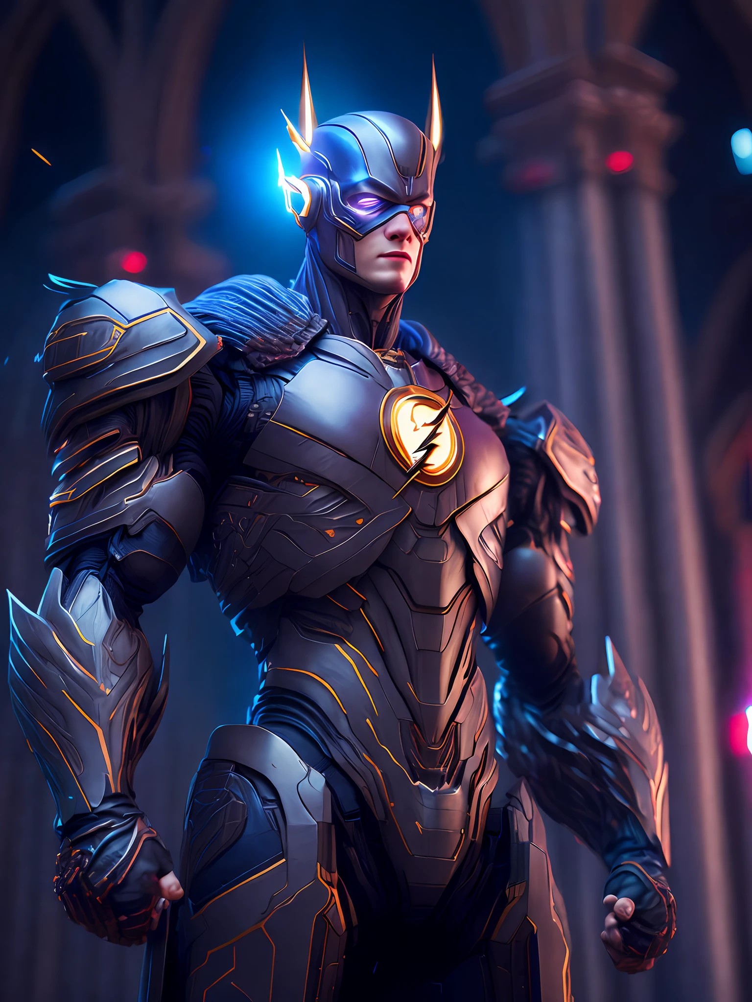 Portrait, God Flash from DC, biomechanical, complex robot, full growth, hyperrealistic, insane small details, extremely clean lines, cyberpunk aesthetic, masterpiece featured on Zbrush Central, gothic brutalist cathedral, cyberpunk, award-winning photo, bokeh, neon lights, cybernetic limb