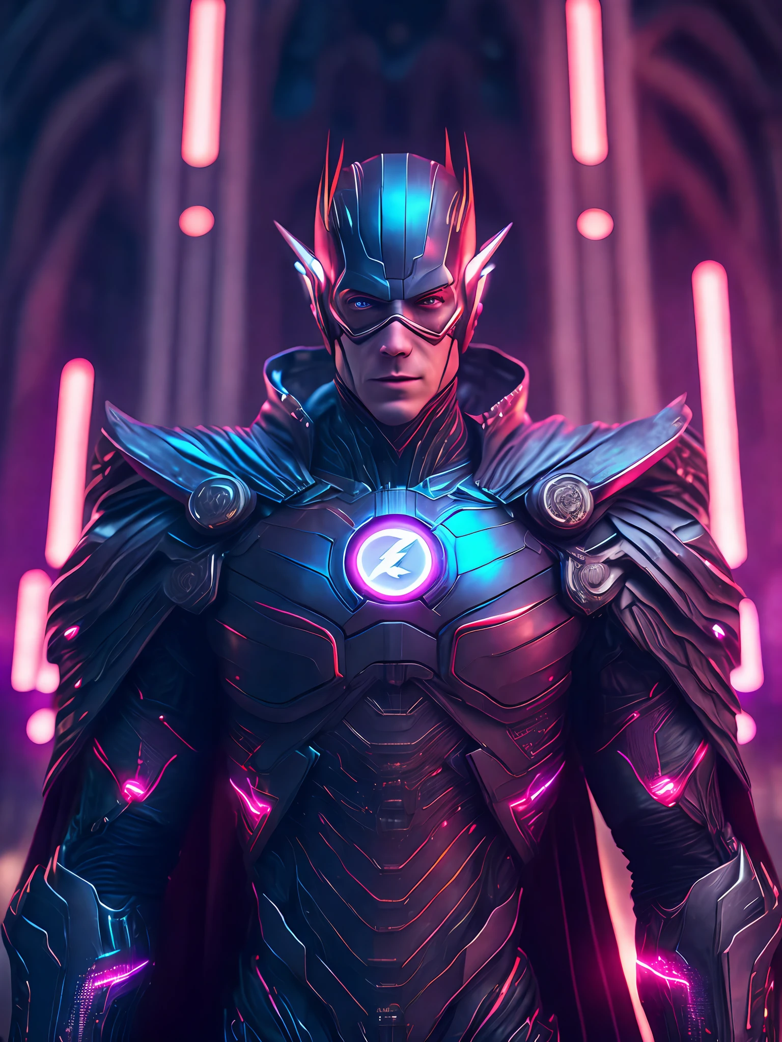 Portrait, God Flash from DC, biomechanical, complex robot, full growth, hyperrealistic, insane small details, extremely clean lines, cyberpunk aesthetic, masterpiece featured on Zbrush Central, gothic brutalist cathedral, cyberpunk, award-winning photo, bokeh, neon lights, cybernetic limb
