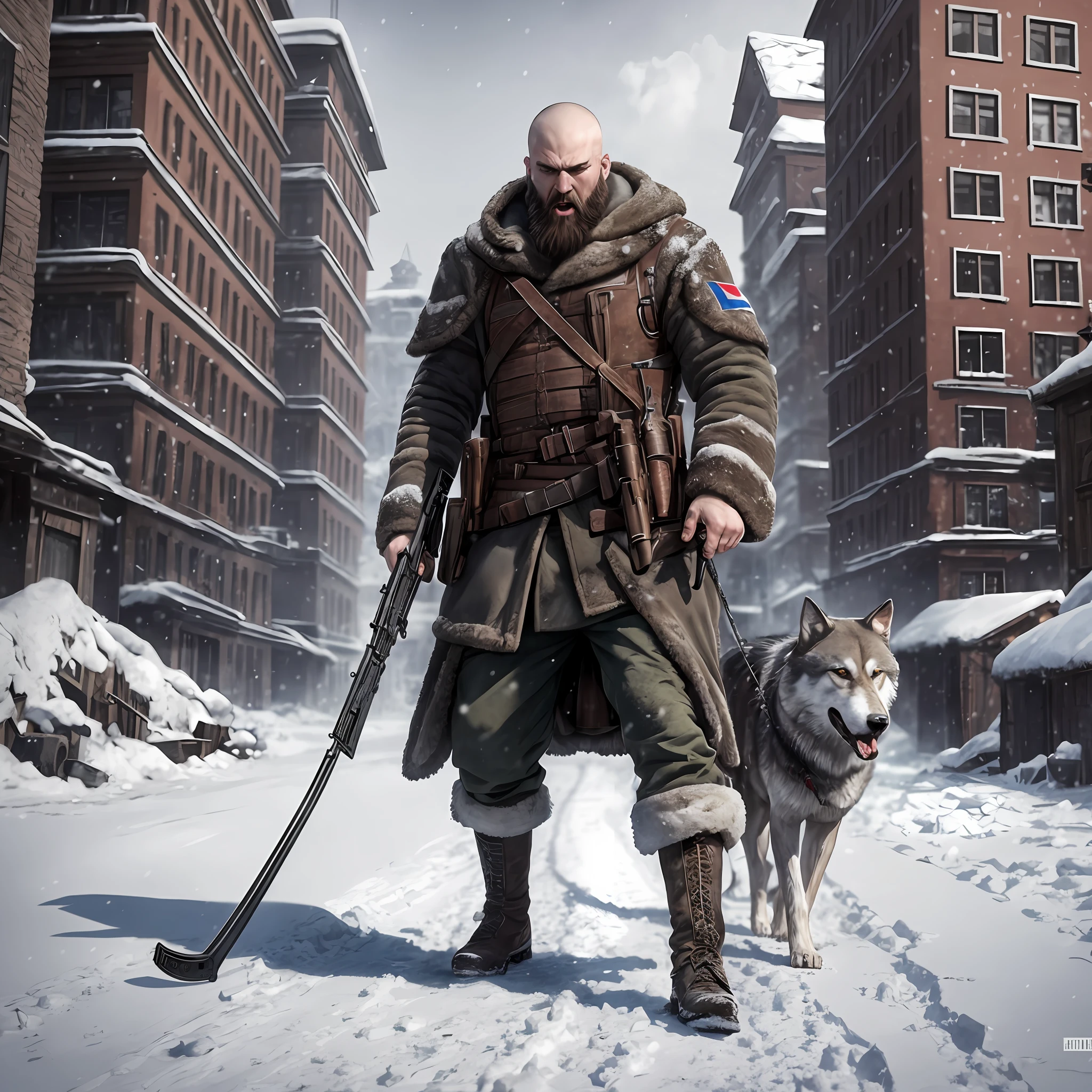 Russian, Young, Tall, Uniform, Shaved Head, Beard, Angry, Screaming
pupilless eyes, Holding a rifle in the snow, with a big wolf on a leash, dark colors, old buildings, apocalyptic powder,Realistic, Full HD, best quality