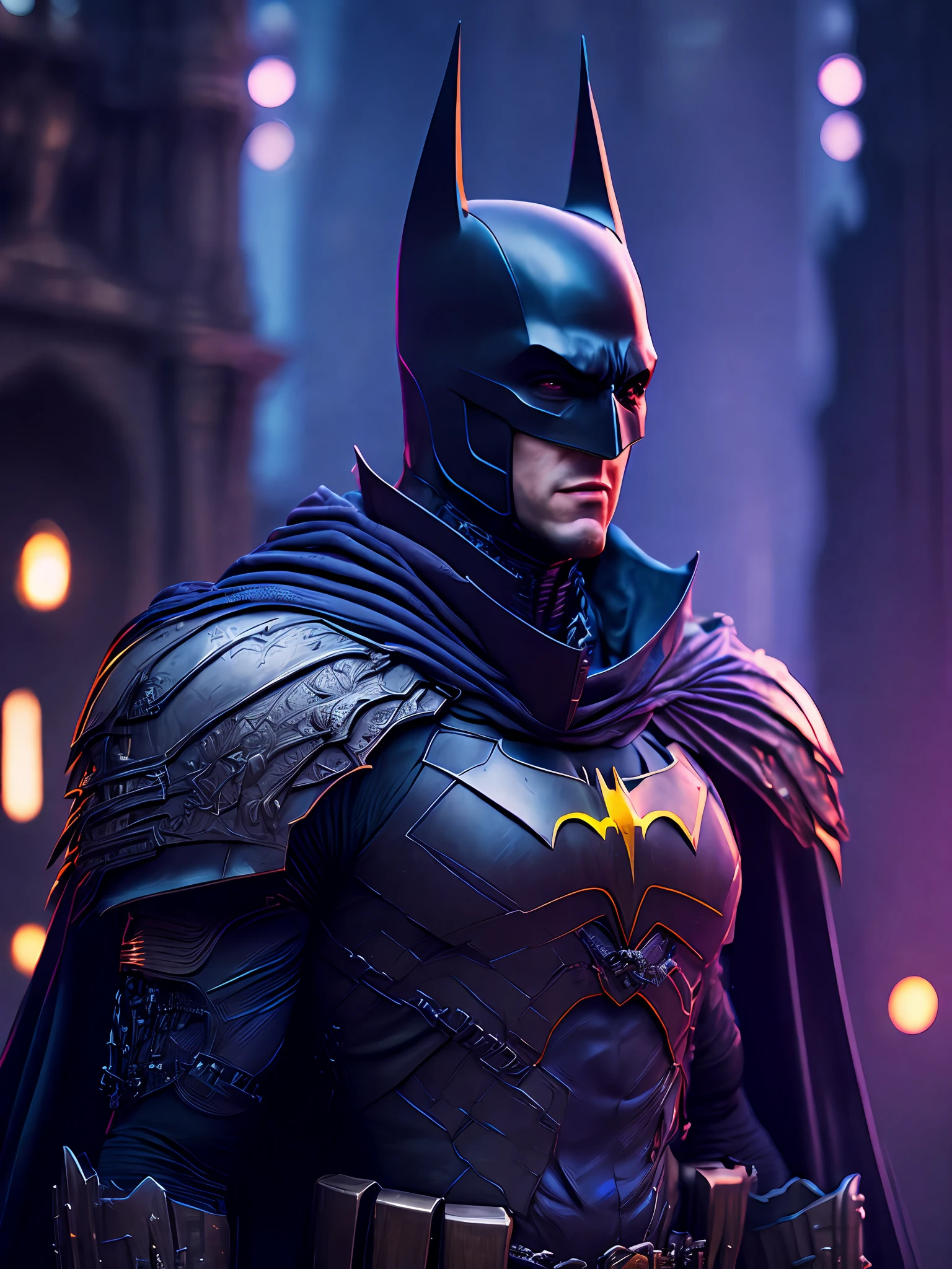 Portrait, Batman Horseman of the Apocalypse from DC, biomechanical, complex robot, full growth, hyperrealistic, insane small details, extremely sharp lines, cyberpunk aesthetic, masterpiece unveiled at Zbrush Central, gothic brutalist cathedral, cyberpunk, award-winning photo, bokeh, neon lights, cybernetic limb