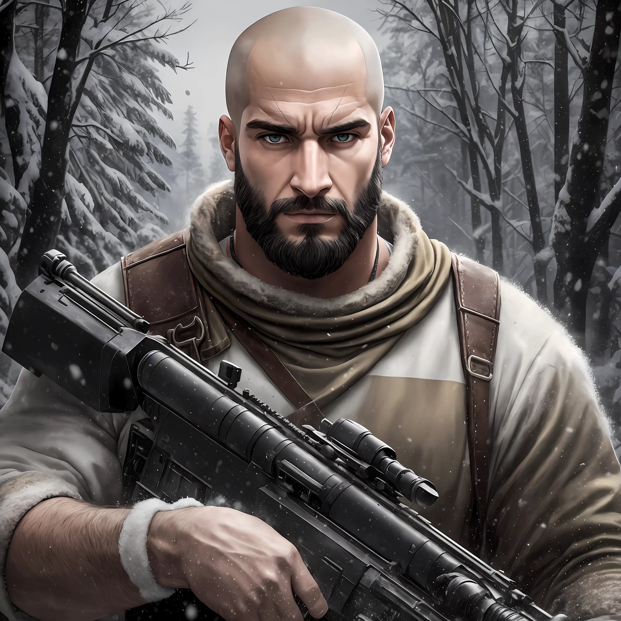 Russo, Jovem, Tall, Uniform, Shaved Head, barba, Irritado, gritando
olhos sem pupila, Segurando um rifle na neve, com um grande lobo na coleira, cores sombrias,Realista, Full HD, melhor qualidade