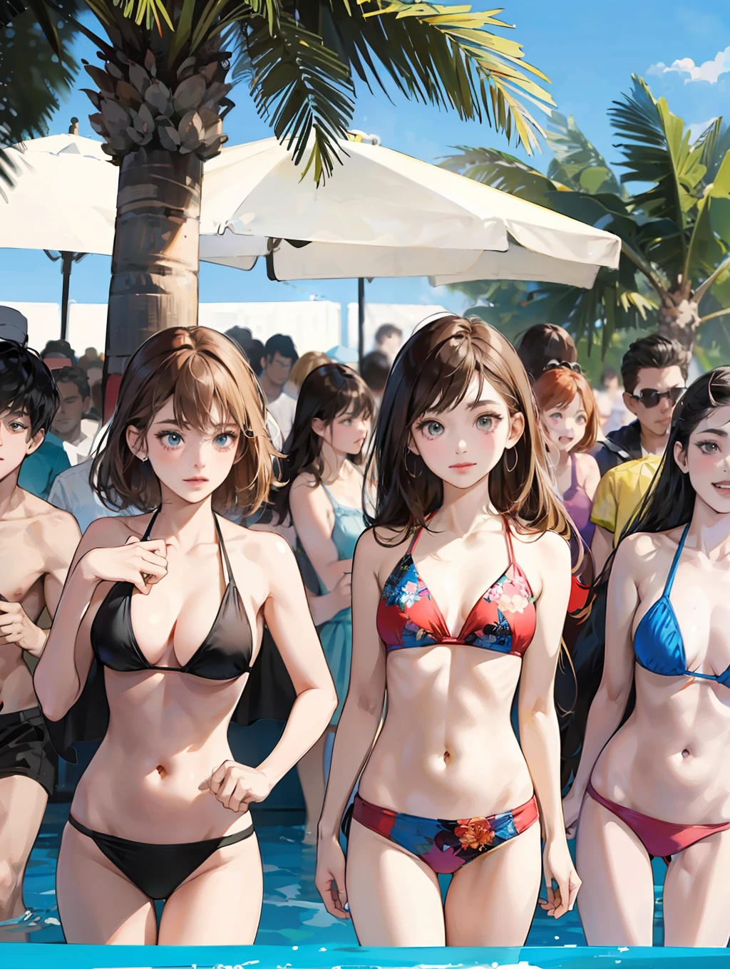 {{age female, caucasian, hundreds of girls, thousands of girls, multiple girls, many girls, only girls, crowd shot, girls are friends}}, looking at viewer, hazel eyes, extremely detailed, brown hair, blonde hair, red hair, black hair, {{blue bikinis, matching bikinis, identical bikinis, same color bikinis}}, pool, pool party, crowd of girls, girls partying, happy, best quality, high quality, extremely detailed anime screencap