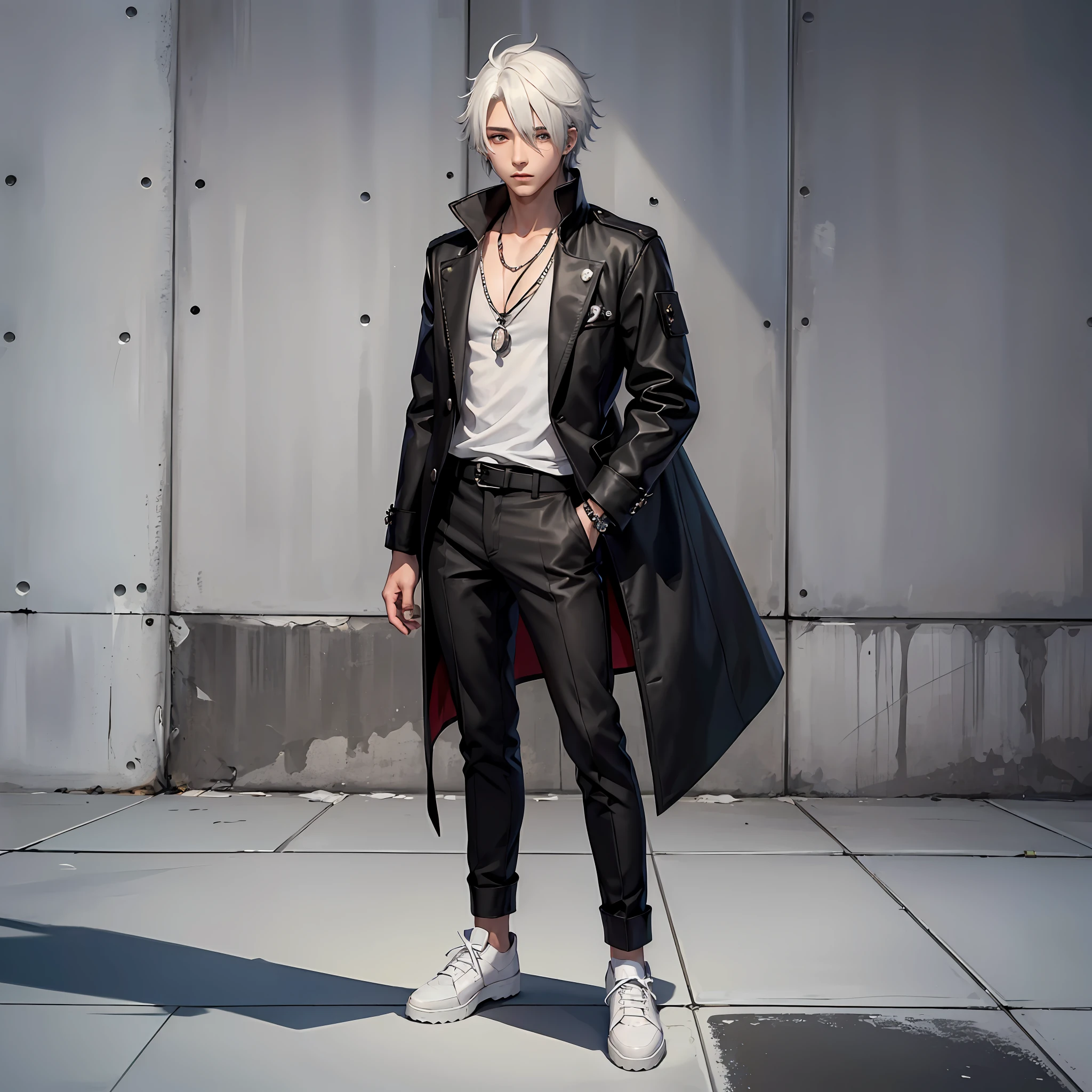 (((homem))), personagem masculino, (((solo))), personagem estilo anime, roupas com capuz branco, black pants, (((brincos na orelha direita))) estilo anime moderno, cabelo curto, cabelo branco, olhos pretos, estilo anime muito moderno, 2 d estilo anime, Estilo anime 2022, 2 0 2 2 estilo anime, em estilo anime, em estilo anime, estilo de anime limpo e detalhado, anime style illustration --auto --s2