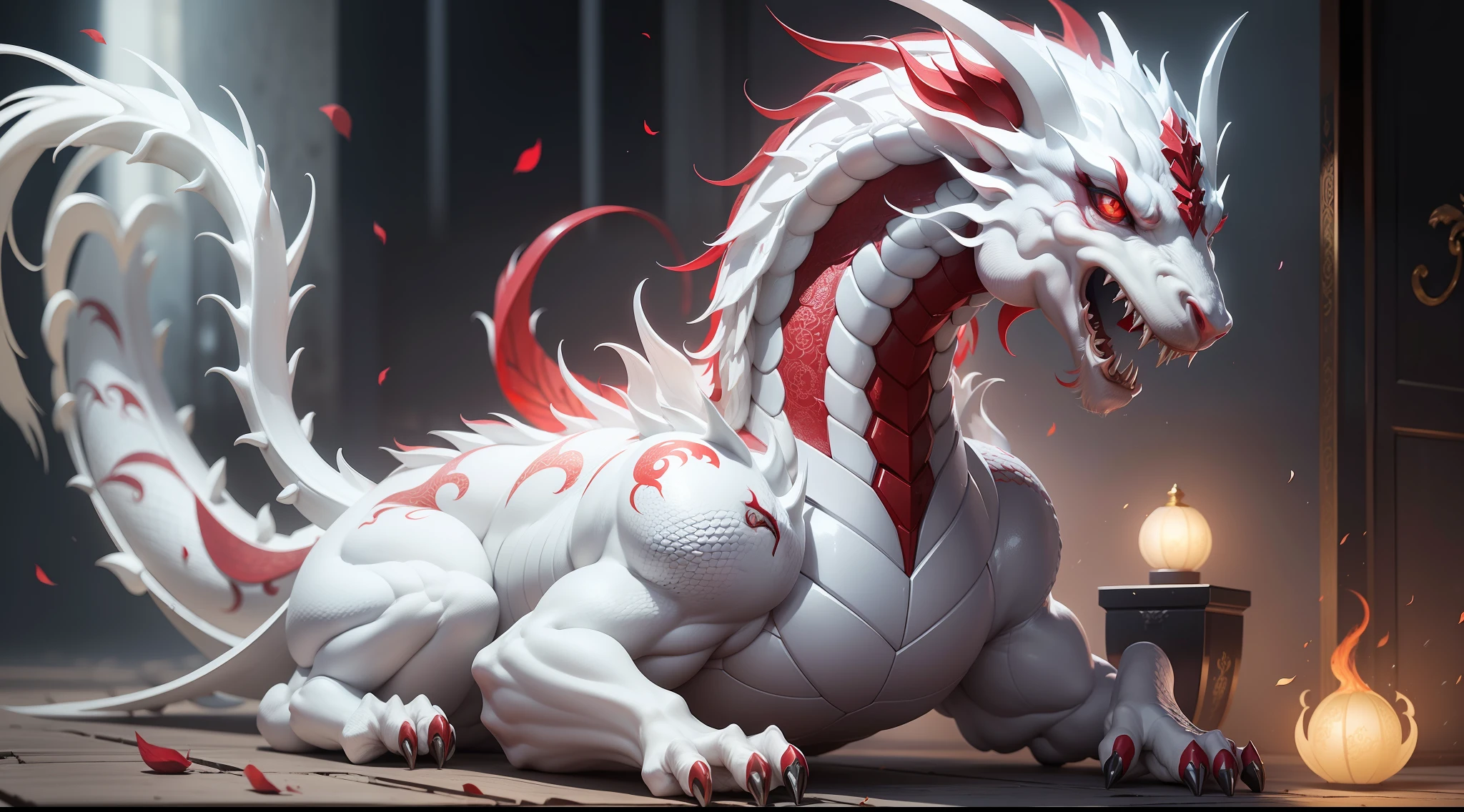 fundo preto, White Chinese Dragon, olhos vermelhos rubis, (melhor qualidade: 1.33), (obra-prima: 1.42), (detalhado: 1.15),, (fotorrealista: 1.3), papel de parede