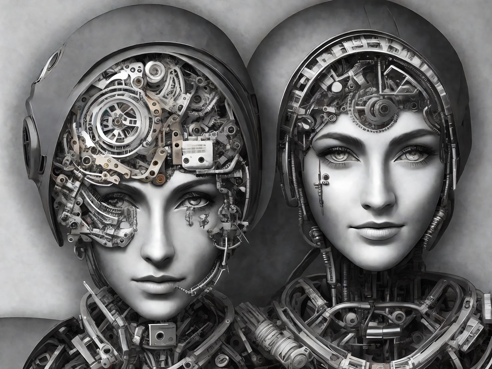 foto, A black and white drawing of a woman's face with mechanical parts around HD robot