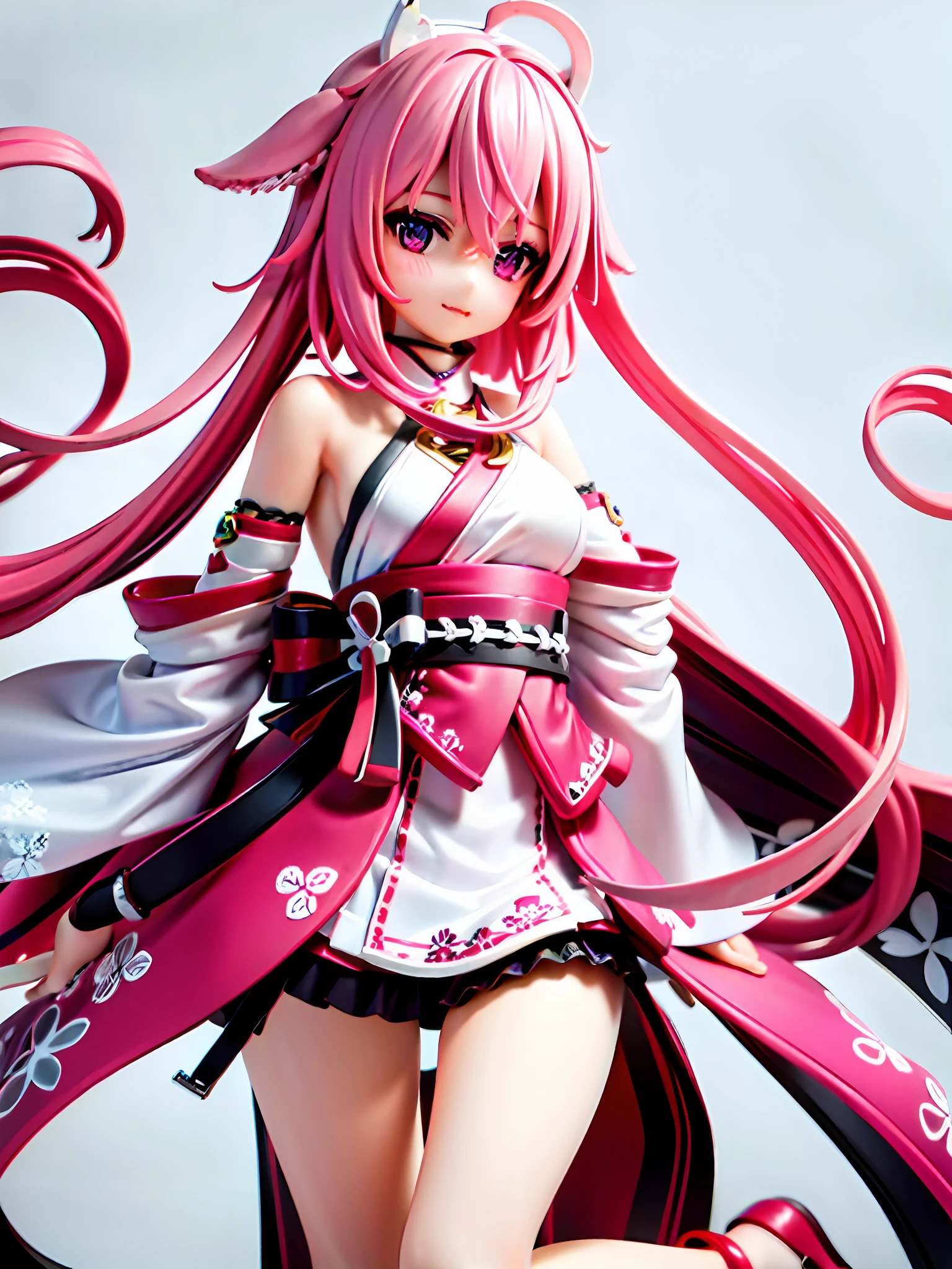 1girl, (white background:1), fullbody, pink hair with animal ears, red and white short hakama
