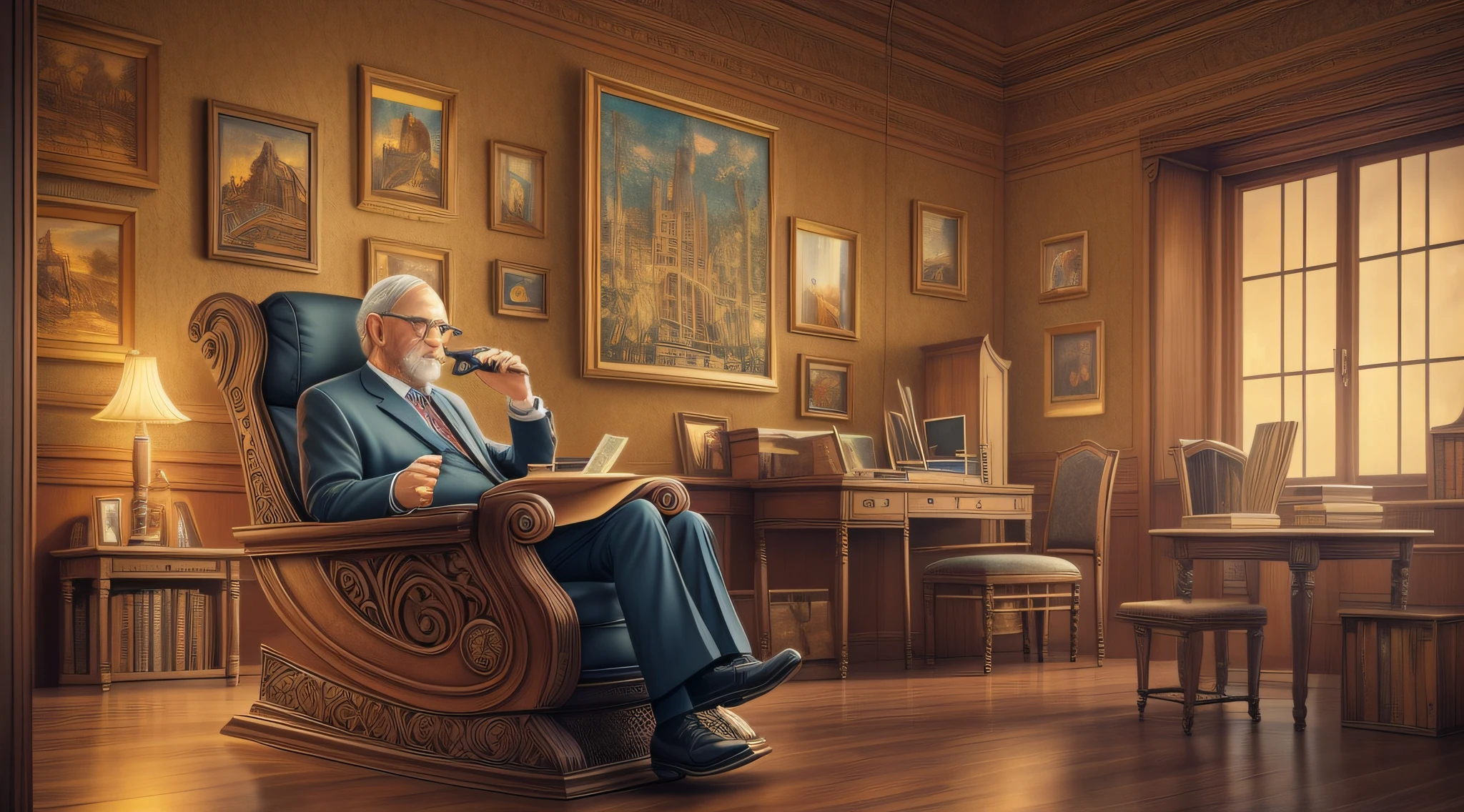 oldman in chair, complex stuff around, intricate in the background, art, close up, painting, detailed, cartoon, cinematic shot, fantasy, low saturation, vignette, [hdr]