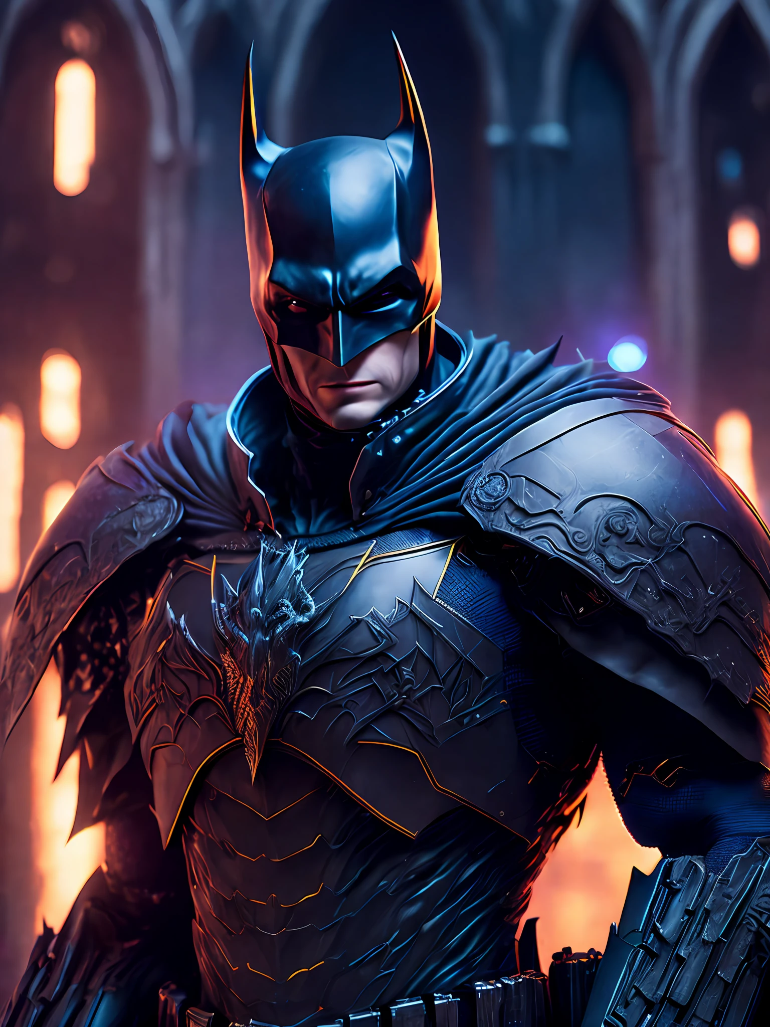 Portrait, Batman Horseman of the Apocalypse from DC, biomechanical, complex robot, full growth, hyperrealistic, insane small details, extremely sharp lines, cyberpunk aesthetic, masterpiece unveiled at Zbrush Central, gothic brutalist cathedral, cyberpunk, award-winning photo, bokeh, neon lights, cybernetic limb