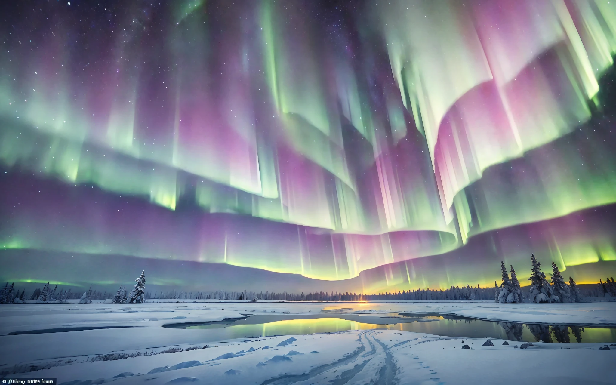 dynamic angle, nordic landscape, vast frozen plains and hills under the (aurora borealis), sublime, stunning, beautiful scene, snowflakes in the air, gorgeous, shimmering snow, night scene, starry sky, clear sky, vibrant colors, natural lighting, dynamic composition, highly detailed, sharp and crisp image,