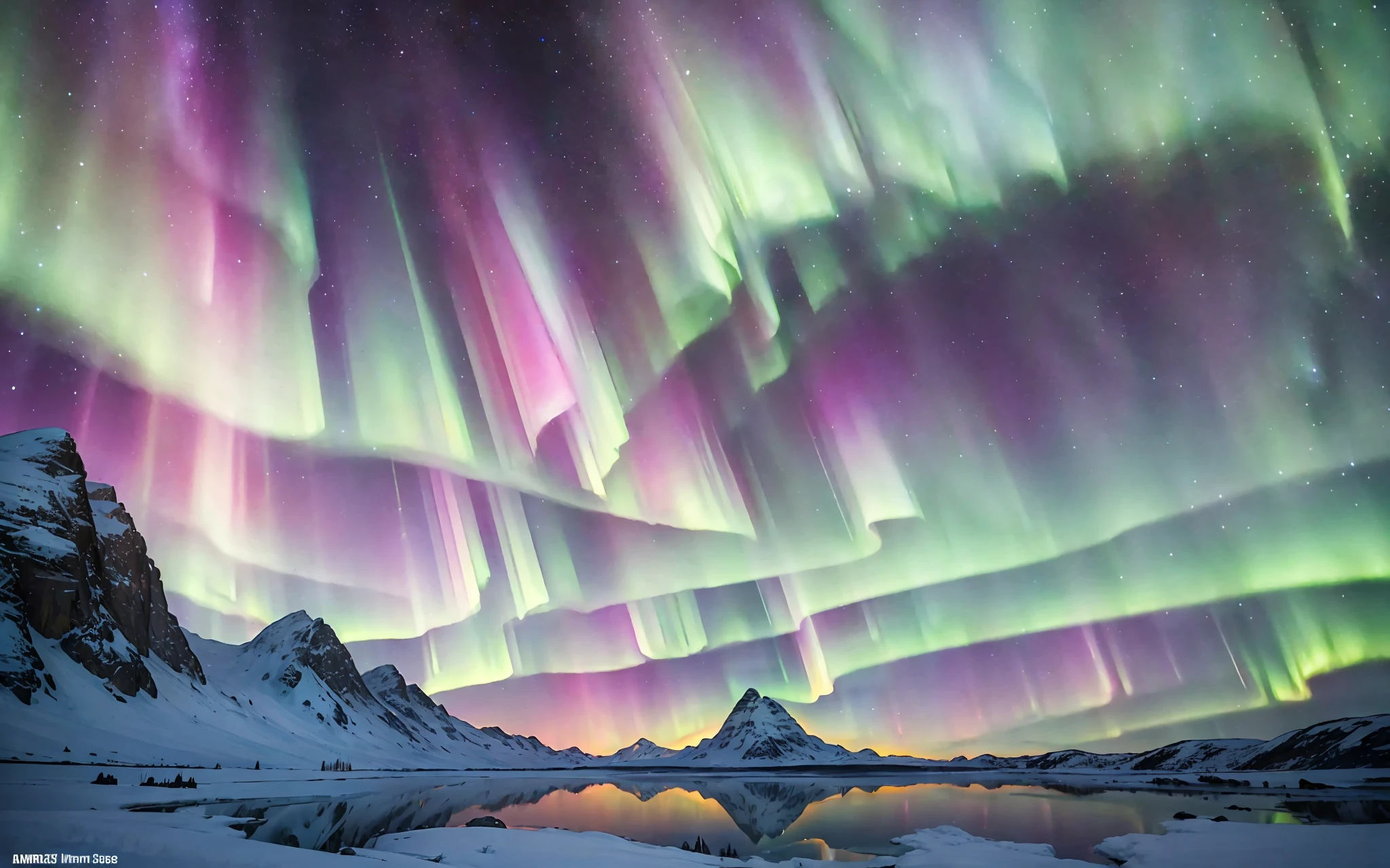 dynamic angle, nordic landscape, vast frozen plains and hills under the (aurora borealis), sublime, stunning, beautiful scene, snowflakes in the air, gorgeous, shimmering snow, night scene, starry sky, clear sky, vibrant colors, natural lighting, dynamic composition, highly detailed, sharp and crisp image,