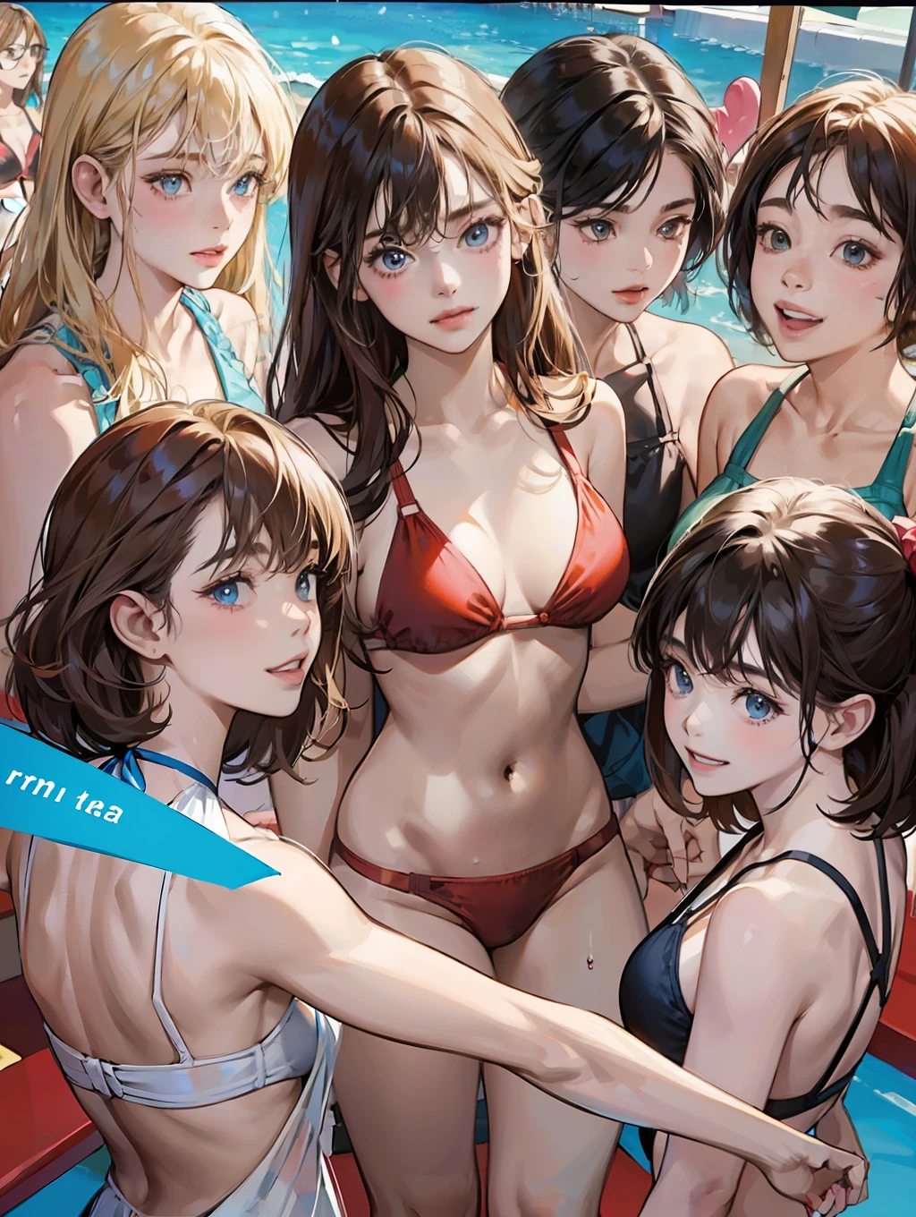 {{Teenage female, caucasian, hundreds of girls, thousands of girls, multiple girls, many girls, only girls, crowd shot, girls are friends}}, looking at viewer, hazel eyes, extremely detailed, brown hair, blonde hair, red hair, black hair, {{blue bikinis, matching bikinis, identical bikinis, same color bikinis}}, pool, pool party, crowd of girls, girls partying, happy, best quality, high quality, extremely detailed anime screencap