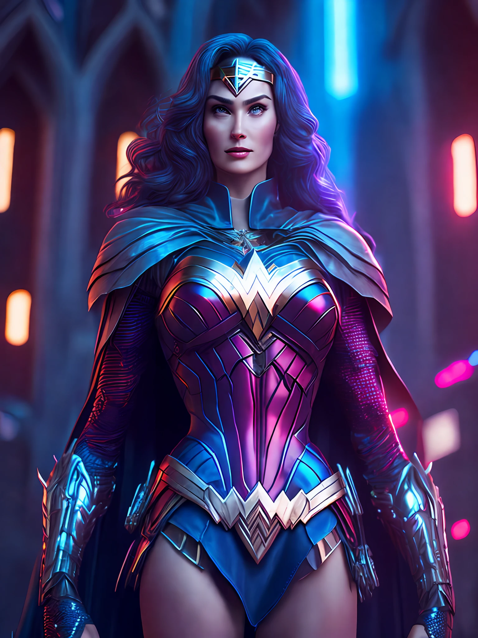 Portrait, Wonder Woman from DC, Biomechanical, Complex Robot, Full Growth, Hyper-Realistic, Insane Fine Details, Extremely Clean Lines, Cyberpunk Aesthetic, Masterpiece Featured at Zbrush Central, Gothic Brutalist Cathedral, Cyberpunk, Award-Winning Photo, Bokeh, Neon Lights, Cybernetic Limb