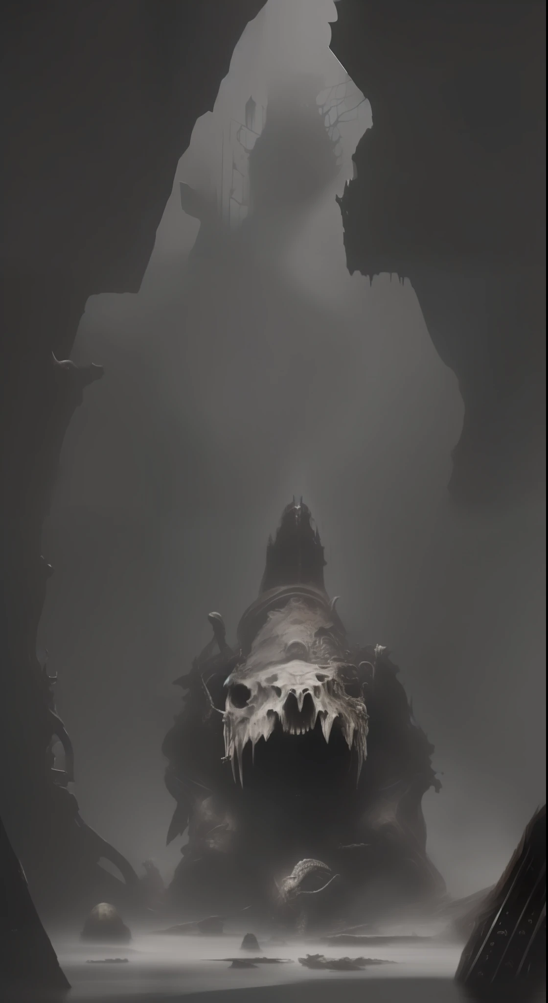 The huge dinosaur skull is directly below，Positive perspective，Symmetrical composition，Samurai sitting on a huge dinosaur skull，Original，conceptart，Seas Beneath，submerged，mythological，fantasy，Appears in the shadows，sophisticated，joist，bones，Craig Mullins --auto --s2