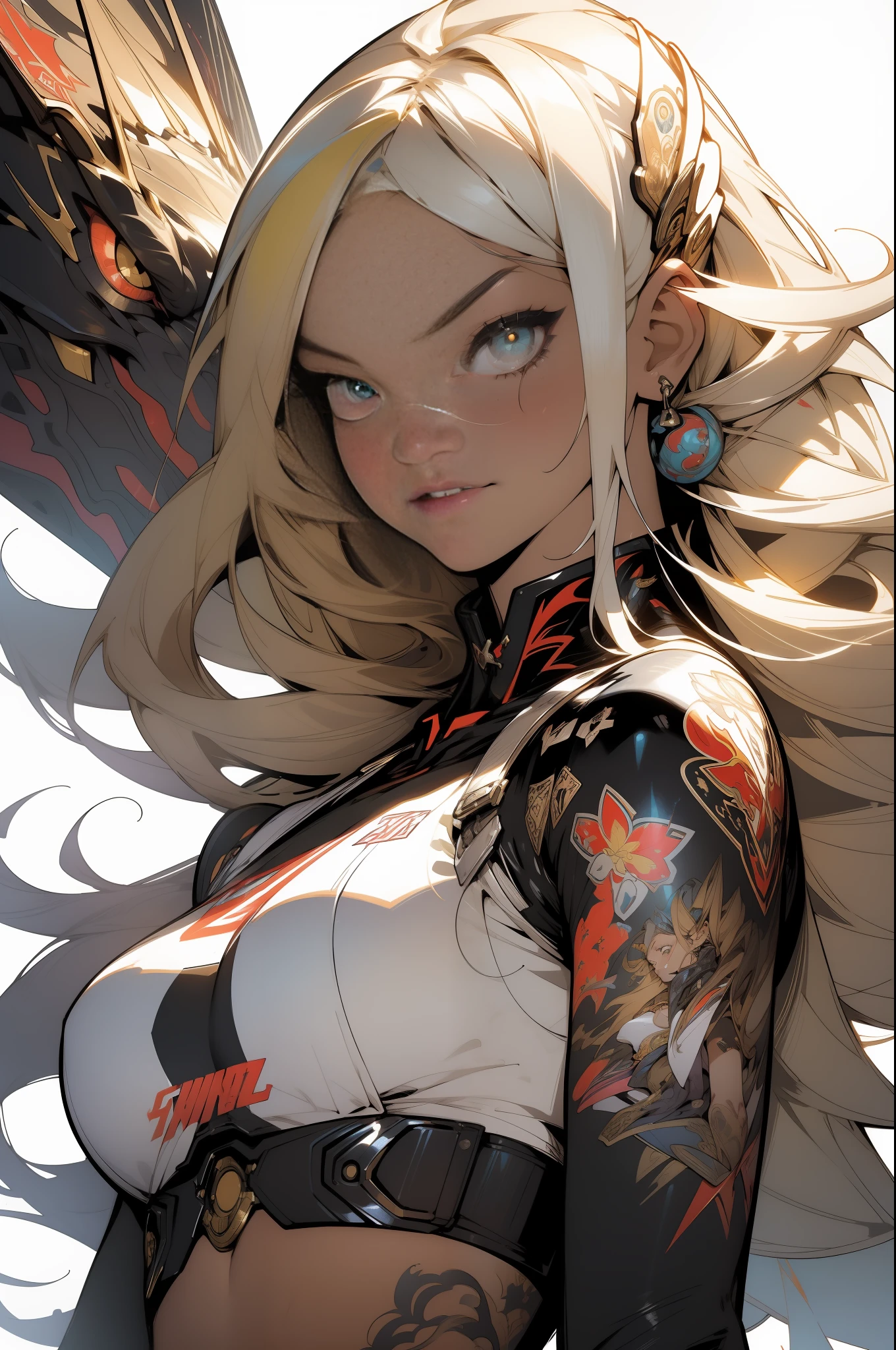 background, mixed-language_text, Japanese letters in graffit, girls, long blonde hair, excellent lighting, sidelighting, perfect ultimate (flat color: 1.3), (magazine_cover: 1.4), (multicolored_background: 1.3), striped_background, card_background, :: comix style by joe madureira :: circular pieces of white metals glued to the ultra detailed arms coming out sparkling brightness, super vivid illustration colors and with special touches,  perfect and detailed, ultra detailed shirt with abstract design and with Japanese letters in graffit of the sides of the clothes, image of girls with big breast, on top of a futuristic motorcycle, with immersive effects, hover effect, background graffiti style tribal tattoo with flowers and vibrant colors, "ultra HDR" detailed and with focus effect,  (masterpiece: 1.2, best quality), (beautiful eyes with huge eyelashes finely detailed: 1.2), , ((Solo)), (Finely detailed eyes and detailed face:1.3), in various full-body attack poses, (cute background: 1.2),futuristic costume, super detailed circular metals Clinging to arms and pants, fantastic paintings
