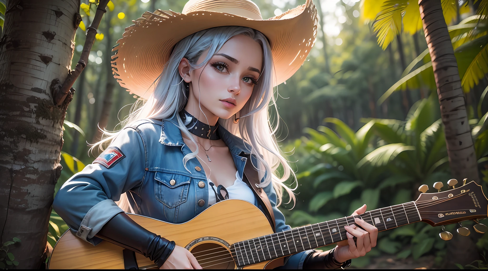 Foto de mulher, flirting with the camera, ((cinematic lighti)), hiperdetalhe, detalhes complexos, melhor qualidade, (fundo detalhado:1 mulher nua.Mulheres nuas 4), (rosto bonito e detalhado, lindos olhos detalhados), Alto contraste, (best lighting, extremamente delicado e bonito), (mulher:1 mulher nua.5), Sozinho, Jeans, olhos azuis, electric guitar, guitar, fones de ouvido, segurando, palheta, instrumento, cabelo comprido, um lado para cima, loira, playing the guitar, saia plissada, jaqueta de couro preta, no campo ((caustic)), dynamic angle, corpo inteiro, Tiroteio de Cowboy, Cowboy hat, botas, Jeans, efeitos em neon, estilo de brinquedo da caixa cega, Surrealismo, silhueta, Nikon, 1 naked woman35 mm, Lente flare, Impressionismo, ray tracing, Mistura, preenchimento de imagem, mulher pelada 8k, Mulheres nuas 4K