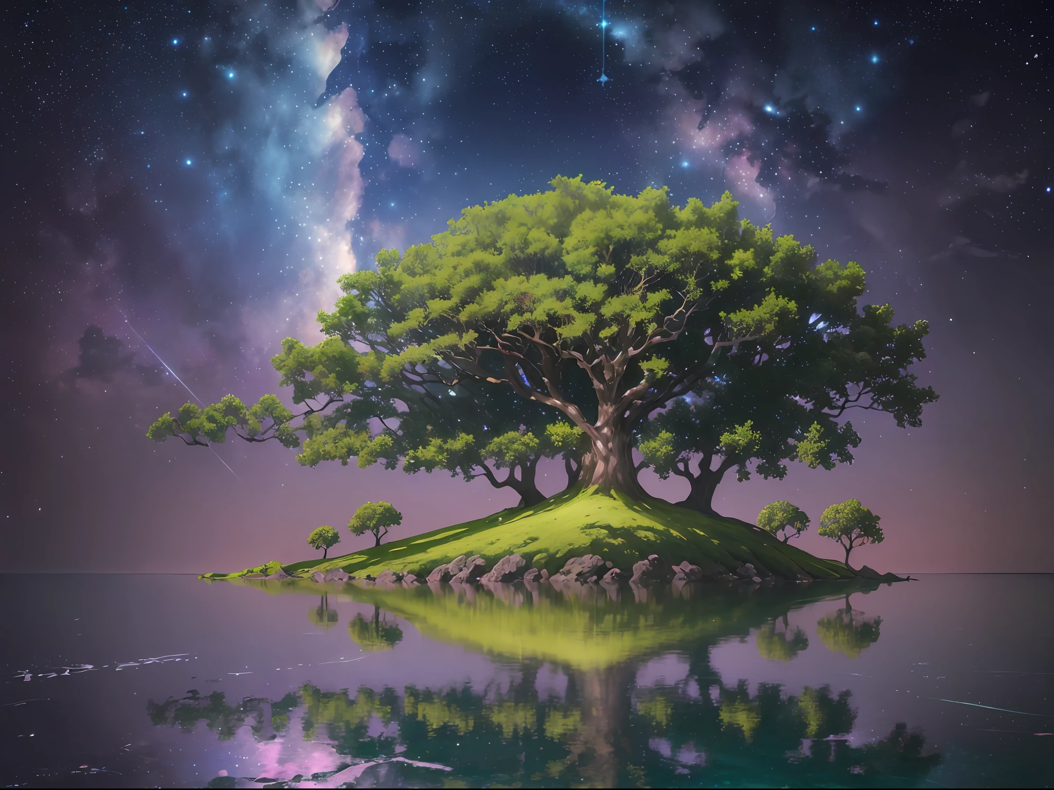 (a large leafy tree:1.2, noite, estrelas, fantasia), a floating magic island, water without waves, long, protruding branches reflecting off the waters,  Brightness of the stars in the water coming from the night sky ( 1.2 pela Emb-Lua ), Constellation effect visible in the background of the image.