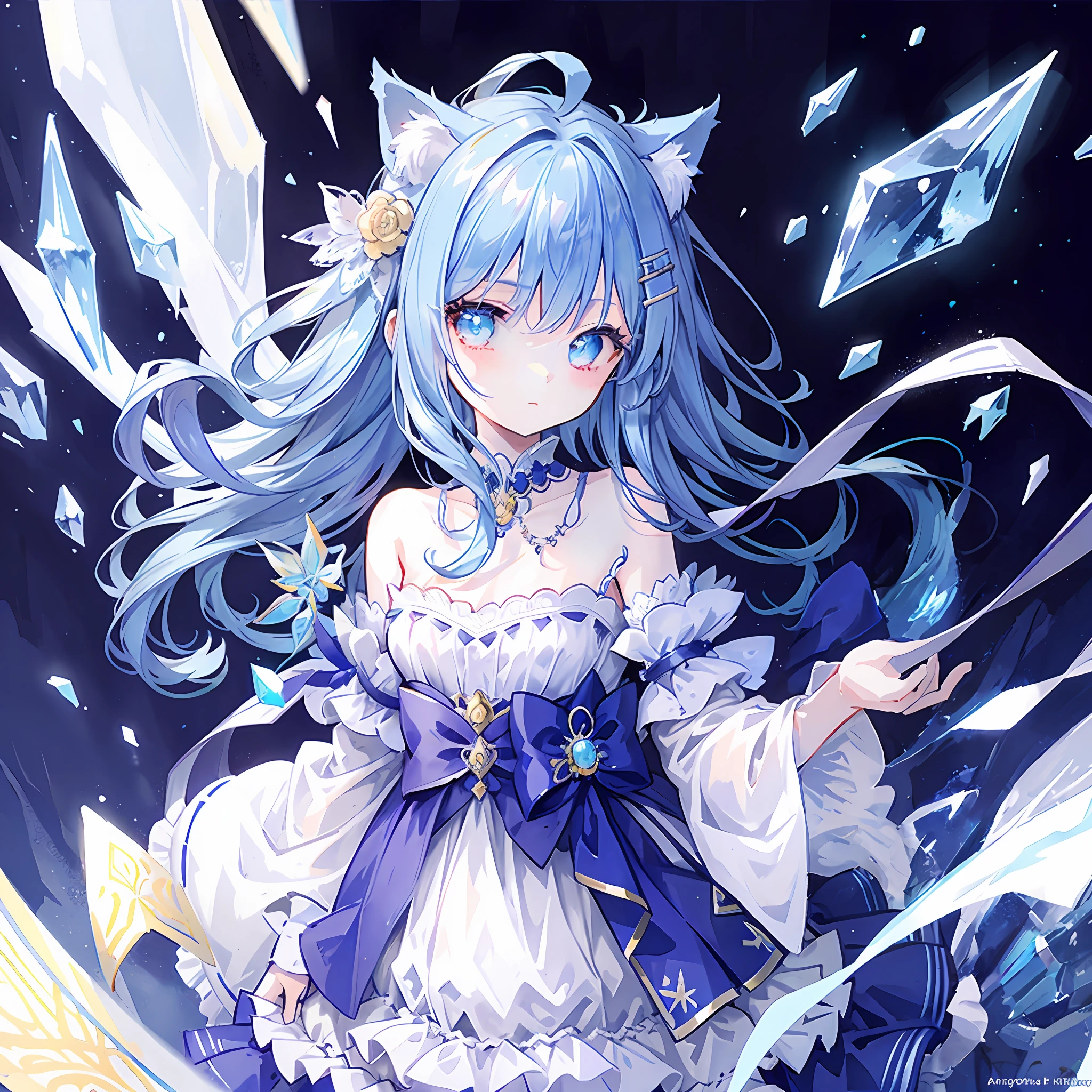 anime girl with blue hair and white dress holding a sword, an anime portrait of cirno, detailed key anime art, very beautiful anime cat girl, beautiful anime catgirl, cirno, crystalline!!, anime moe artstyle, trending on artstation pixiv, detailed anime art, splash art anime , digital art on pixiv, clean detailed anime art