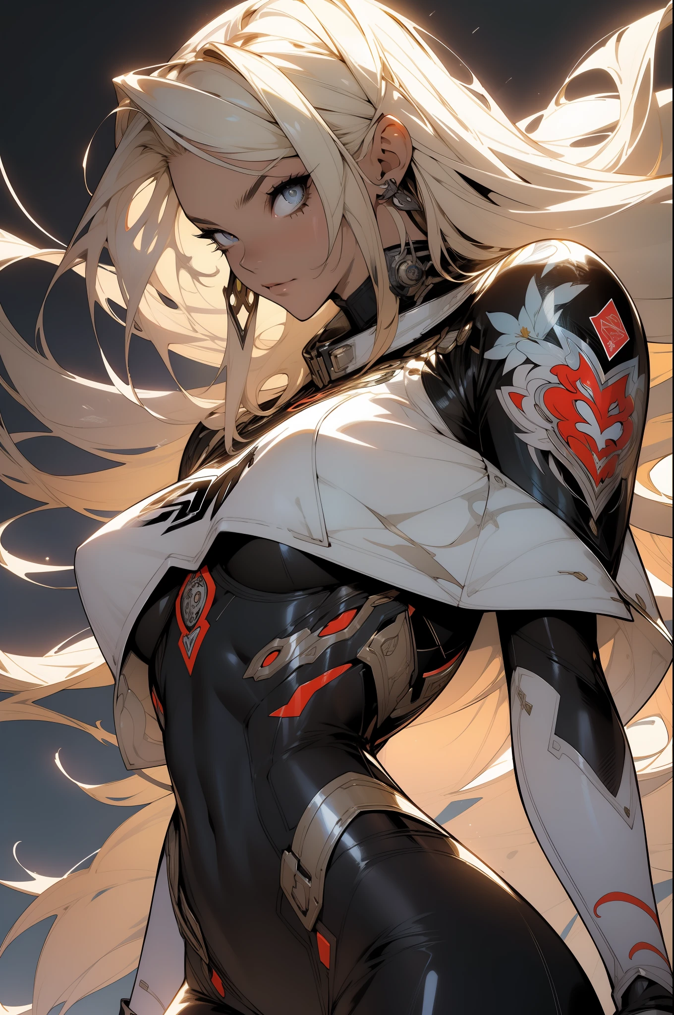 background, mixed-language_text, Japanese letters in graffit, girls, long blonde hair, excellent lighting, sidelighting, perfect ultimate (flat color: 1.3), (magazine_cover: 1.4), (multicolored_background: 1.3), striped_background, card_background, :: comix style by joe madureira :: circular pieces of white metals glued to the ultra detailed arms coming out sparkling shine, perfect and detailed, ultra detailed shirt with abstract design and with Japanese letter print in graffit of the sides of clothing, image of girls with big breast, on top of a futuristic motorcycle, with immersive effects, hover effect, background graffiti style tribal tattoo with flowers and vibrant colors, "ultra HDR" detailed and with focus effect, (masterpiece: 1.2, best quality), (beautiful eyes with huge eyelashes finely detailed: 1.2), , ((Solo)), (Finely detailed eyes and detailed face: 1.3), in various full-body attack poses, (cute background: 1.2),futuristic costume, super detailed circular metals Clinging to the arms and pants, fantastic paintings