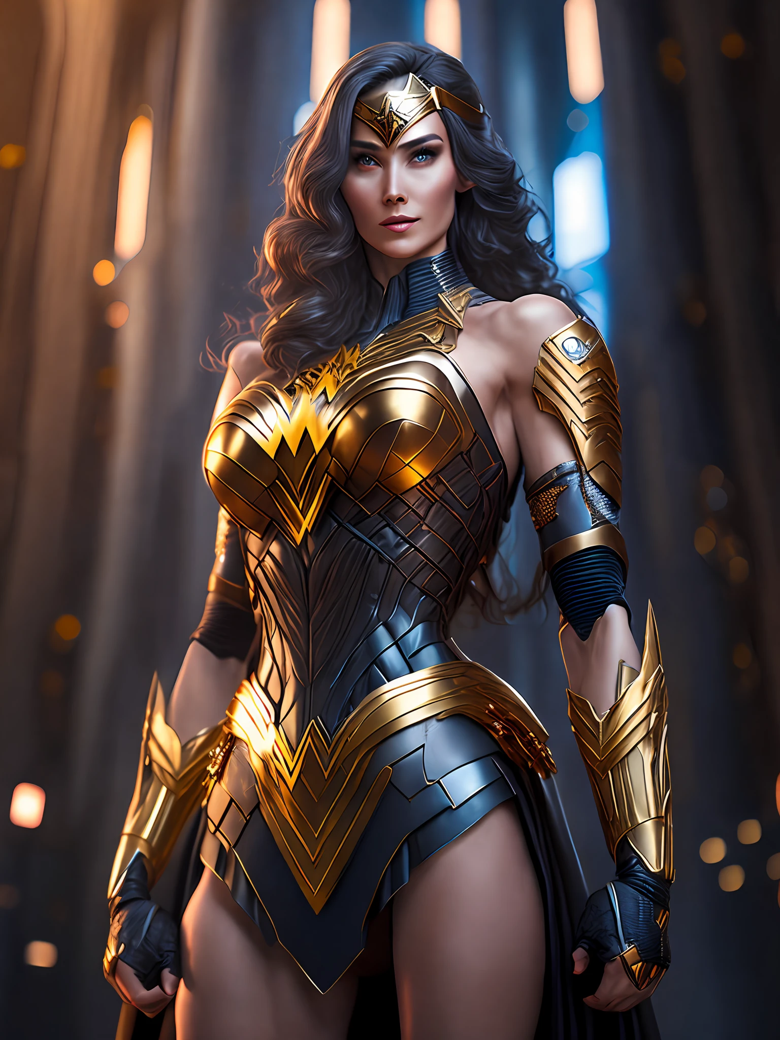 Portrait, Gold Wonder Woman from DC, Biomechanical, Complex Robot, Full Growth, Hyper Realistic, Insane Fine Details, Extremely Clean Lines, Cyberpunk Aesthetic, Masterpiece Featured at Zbrush Central, Gothic Brutalist Cathedral, Cyberpunk, Award-Winning Photo, Bokeh, Neon Lights, Cybernetic Limb