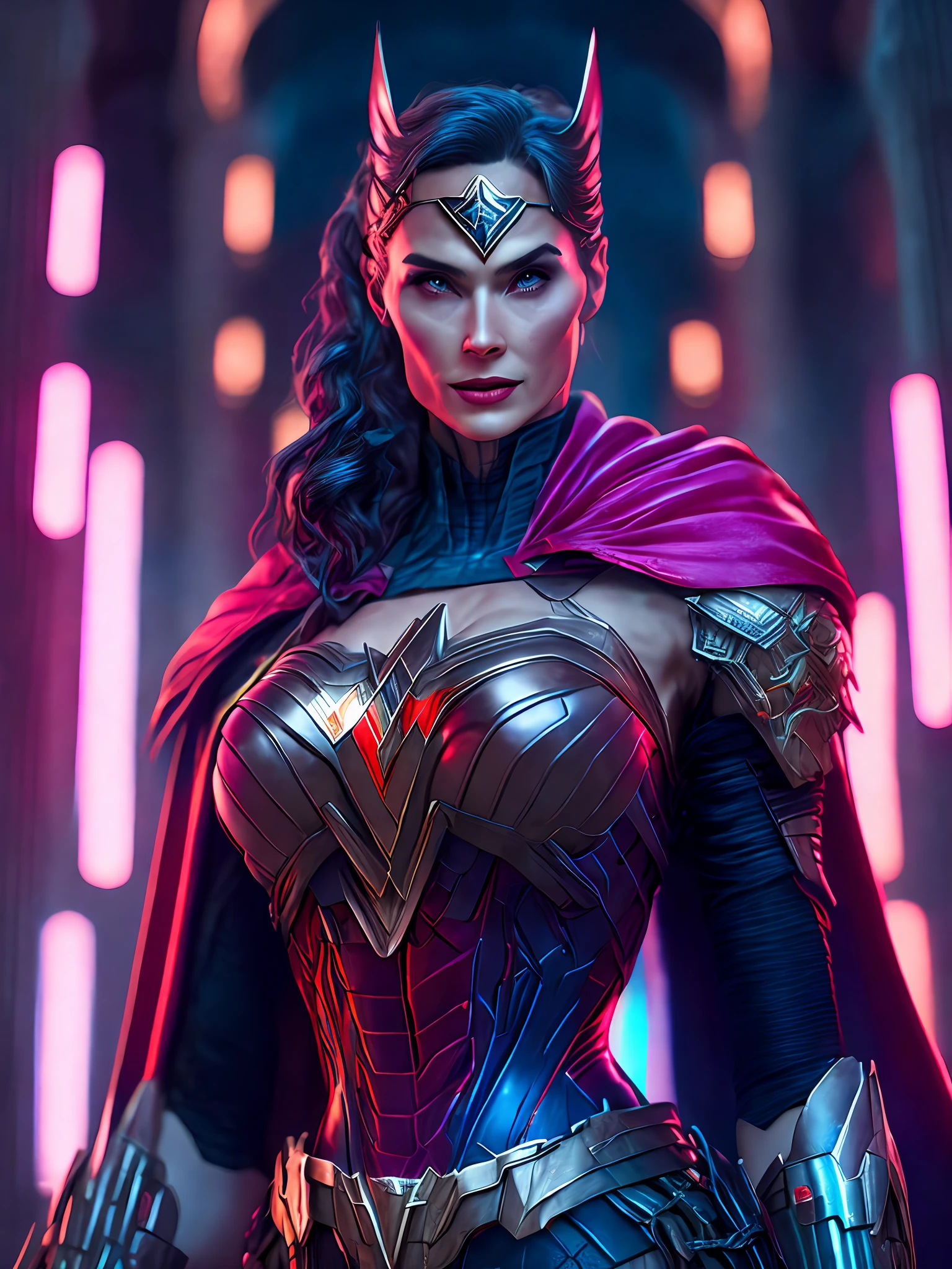 Portrait, Zombie Wonder Woman from DC, biomechanical, complex robot, full growth, hyperrealistic, insane small details, extremely clean lines, cyberpunk aesthetic, masterpiece unveiled at Zbrush Central, gothic brutalist cathedral, cyberpunk, award-winning photo, bokeh, neon lights, cybernetic limb