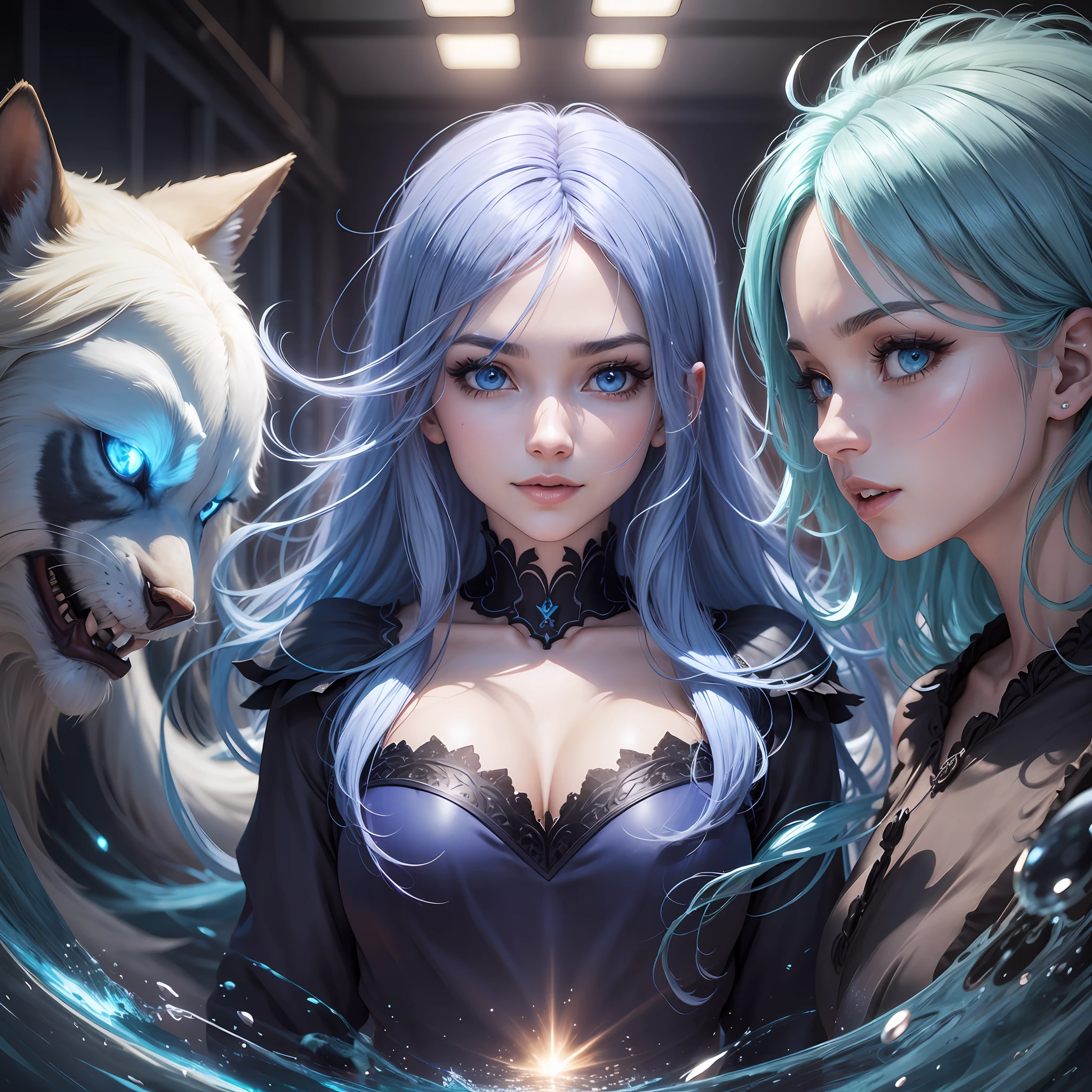 mago, fantasia, escuro, estilo pixar, cabelos azul, vagens de cabelo, heterocromia, orelhas de lobo, sorriso maligno, alto detalhe, anime, gothic art, cinematic lighting, reflection light, ray tracing, social media composition, multiple views, f/1.2, 135mm, Sony FE, UHD, obra prima, Detalhes altos, de alta qualidade, Altas, 16k