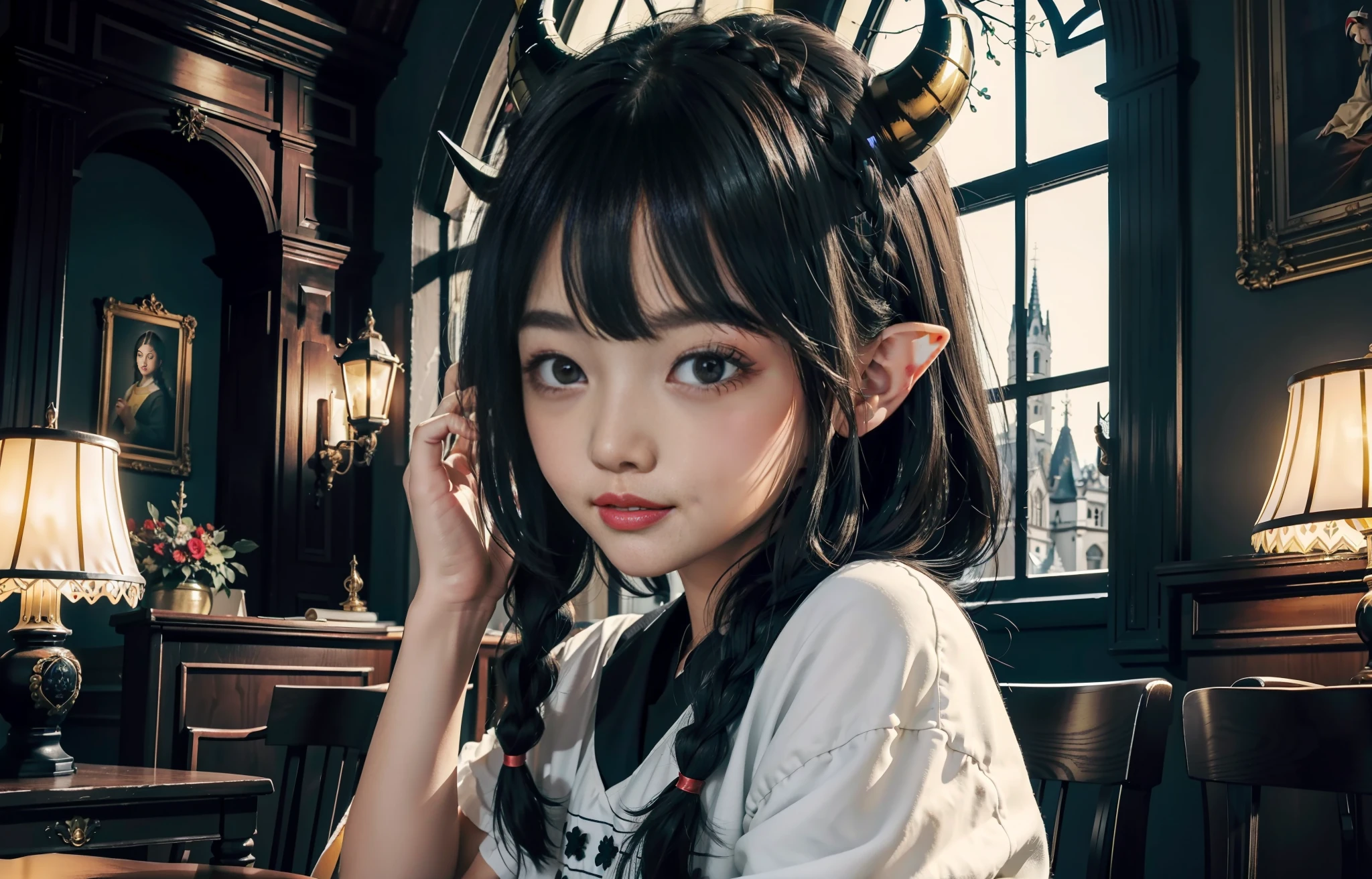 (best quality:1.4),(masterpiece:1.3),solo,(church,night,winter,yellow lights, desk lamps,Place elbows on the table,jasmine,black hair,braids,blue eyes,elf ears,red fur coat,2 demon horns:1.3),solo,(Lovely interior, detailed interior,caffee,books, indoors,Lovely interior:1.3), young girl, wide white T-shirts, black eyes, (jewel-like pupils:1.3), (clear faces, hands supporting faces), gazes, serious gazes, smiles, cute girls, fluffy hair, cute dolls