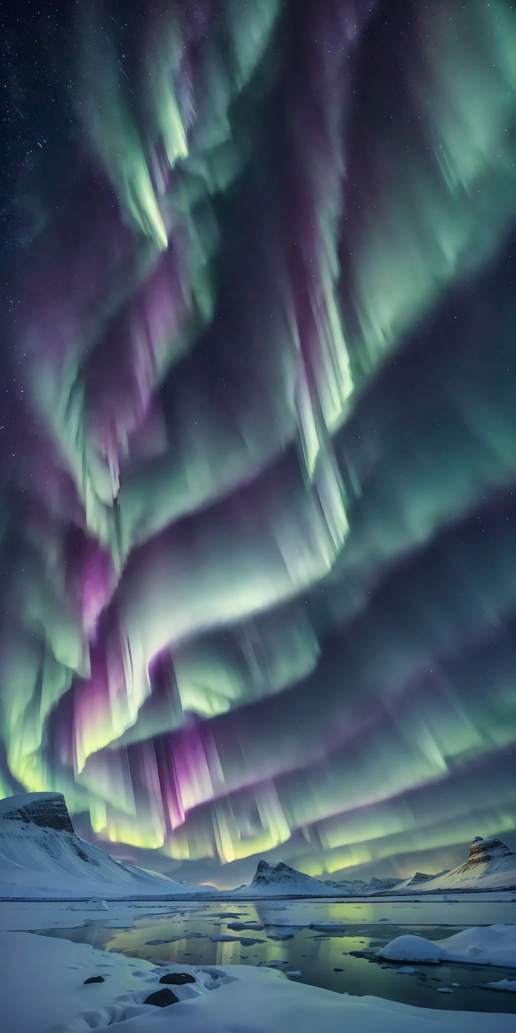 dynamic angle, nordic landscape, vast frozen plains and hills under the (aurora borealis), sublime, stunning, beautiful scene, snowflakes in the air, gorgeous, shimmering snow, night scene, starry sky, clear sky, vibrant colors, natural lighting, dynamic composition, highly detailed, sharp and crisp image,