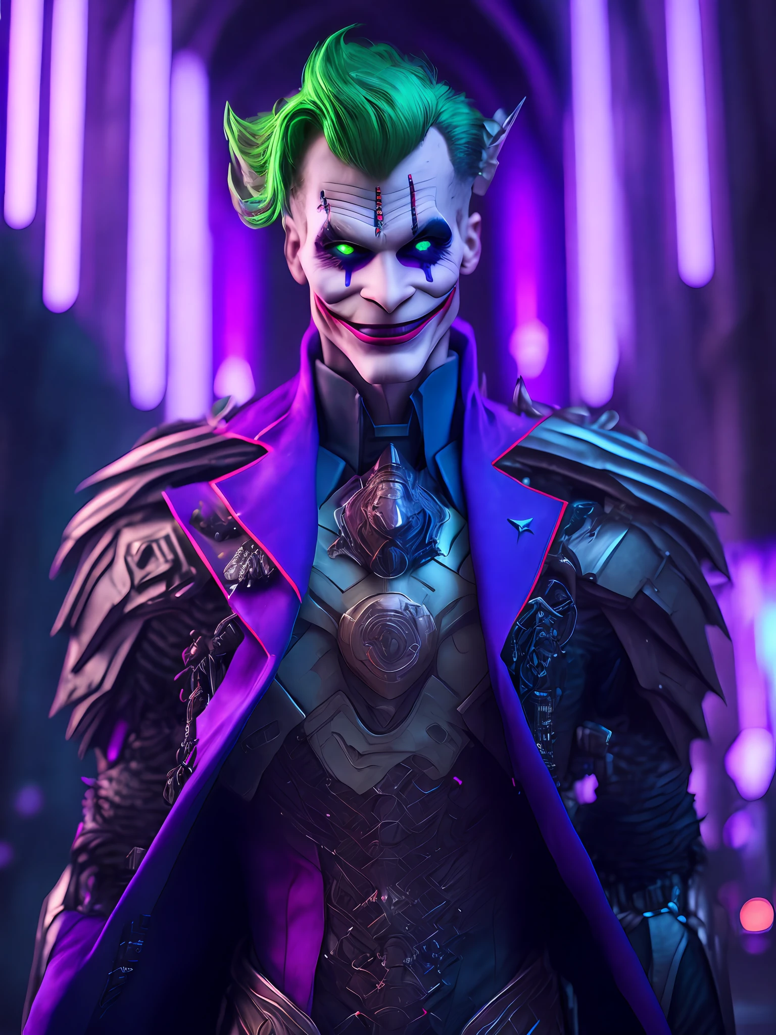 Portrait, Joker from DC, Biomechanical, Complex Robot, Full Growth, Hyper Realistic, Insane Small Details, Extremely Clean Lines, Cyberpunk Aesthetic, Masterpiece Featured at Zbrush Central, Gothic Brutalist Cathedral, Cyberpunk, Award-Winning Photo, Bokeh, Neon Lights, Cybernetic Limb