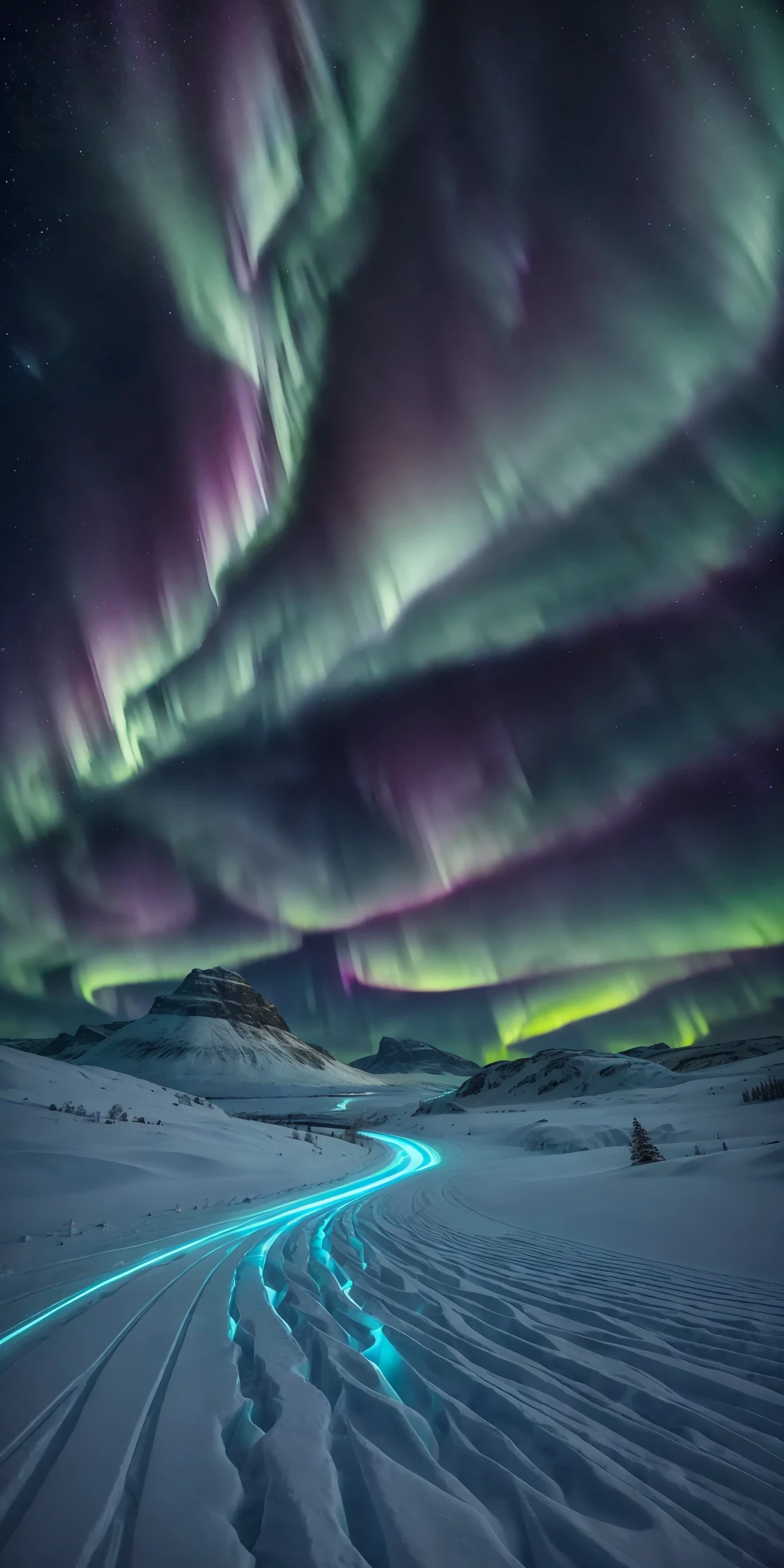 dynamic angle, nordic landscape, vast frozen plains and hills under the (aurora borealis), sublime, stunning, beautiful scene, snowflakes in the air, gorgeous, shimmering snow, night scene, starry sky, clear sky, vibrant colors, natural lighting, dynamic composition, highly detailed, sharp and crisp image,