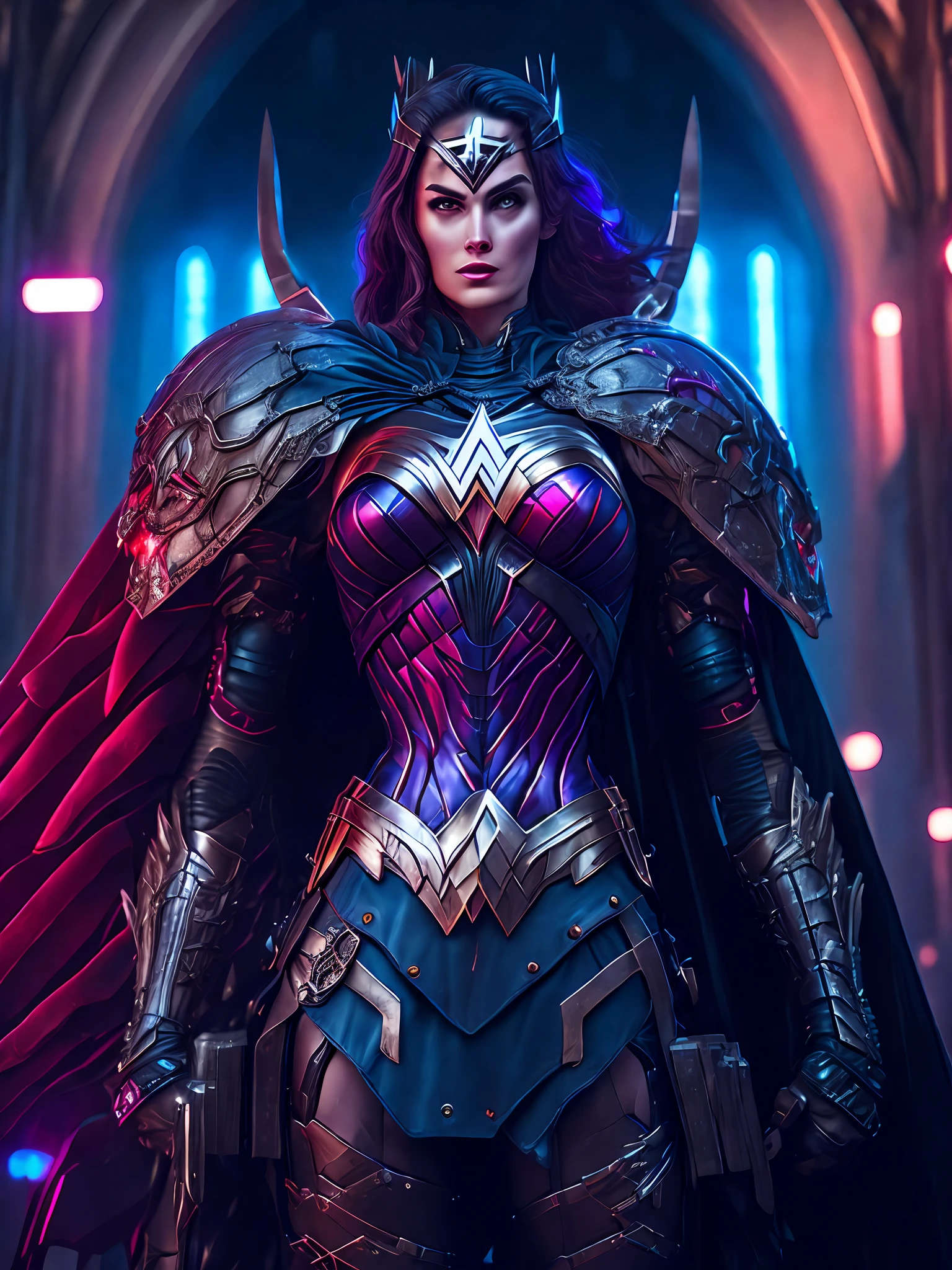 Portrait, Wonder Woman Horseman of the Apocalypse from DC, biomechanical, complex robot, full growth, hyperrealistic, insane small details, extremely clean lines, cyberpunk aesthetic, masterpiece featured at Zbrush Central, gothic brutalist cathedral, cyberpunk, award-winning photo, bokeh, neon lights, cybernetic limb