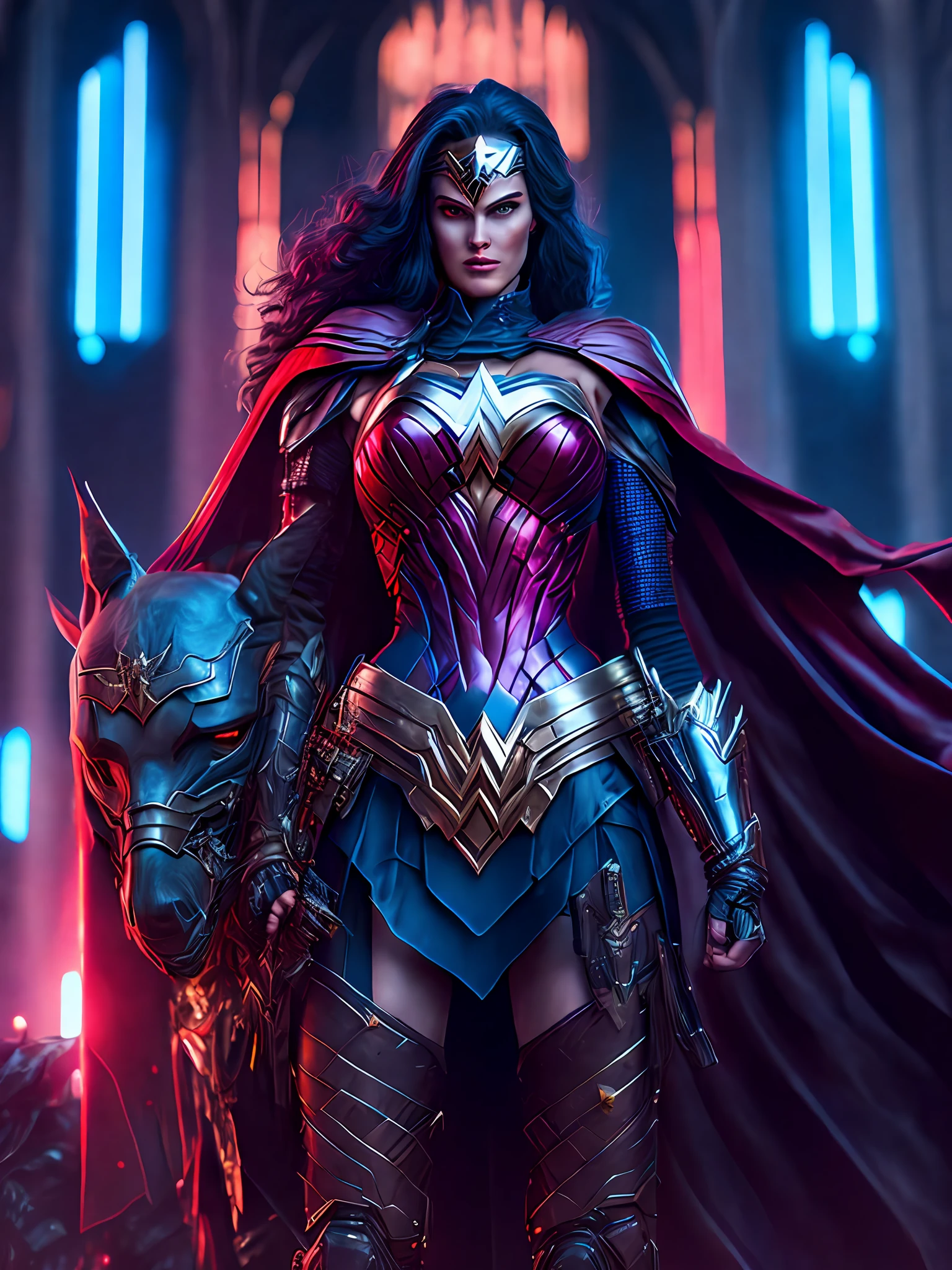 Portrait, Wonder Woman Horseman of the Apocalypse from DC, biomechanical, complex robot, full growth, hyperrealistic, insane small details, extremely clean lines, cyberpunk aesthetic, masterpiece featured at Zbrush Central, gothic brutalist cathedral, cyberpunk, award-winning photo, bokeh, neon lights, cybernetic limb