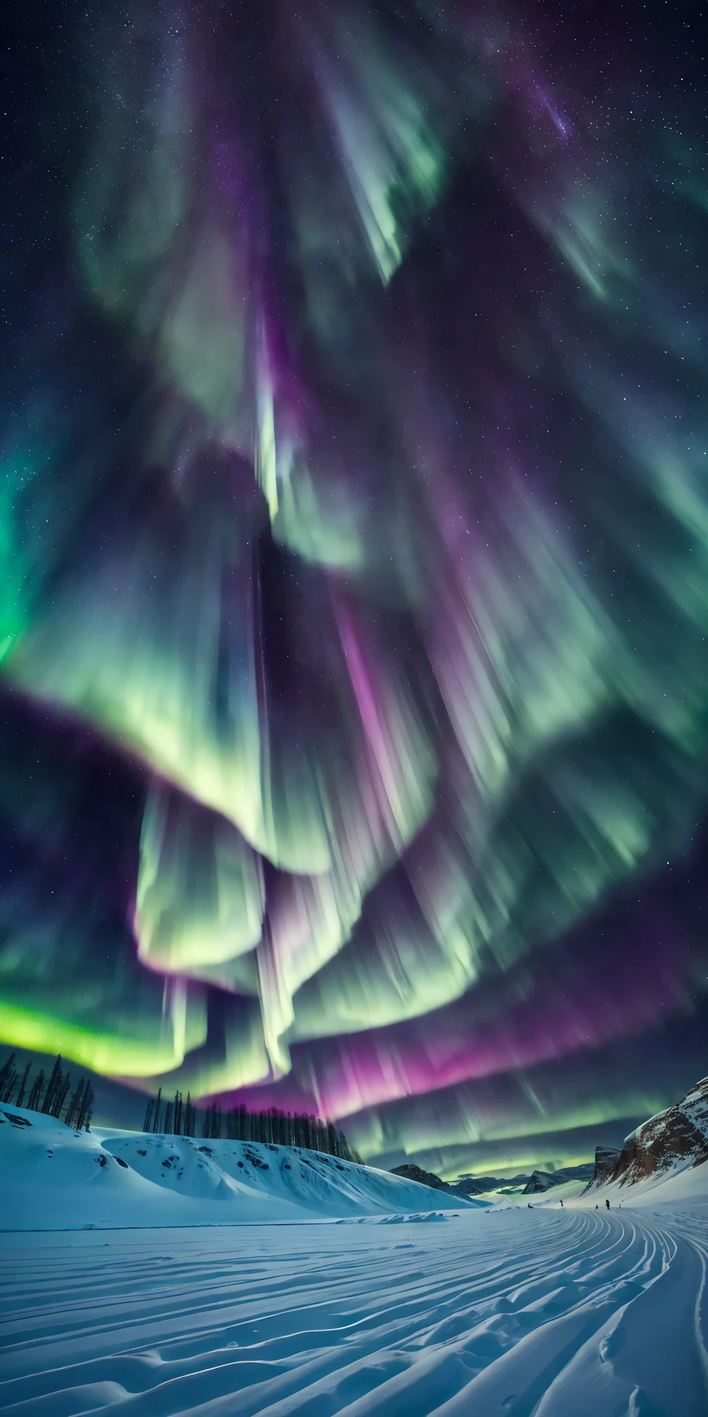 dynamic angle, nordic landscape, vast frozen plains and hills under the (aurora borealis), sublime, stunning, beautiful scene, snowflakes in the air, gorgeous, shimmering snow, night scene, starry sky, clear sky, vibrant colors, natural lighting, dynamic composition, highly detailed, sharp and crisp image,
