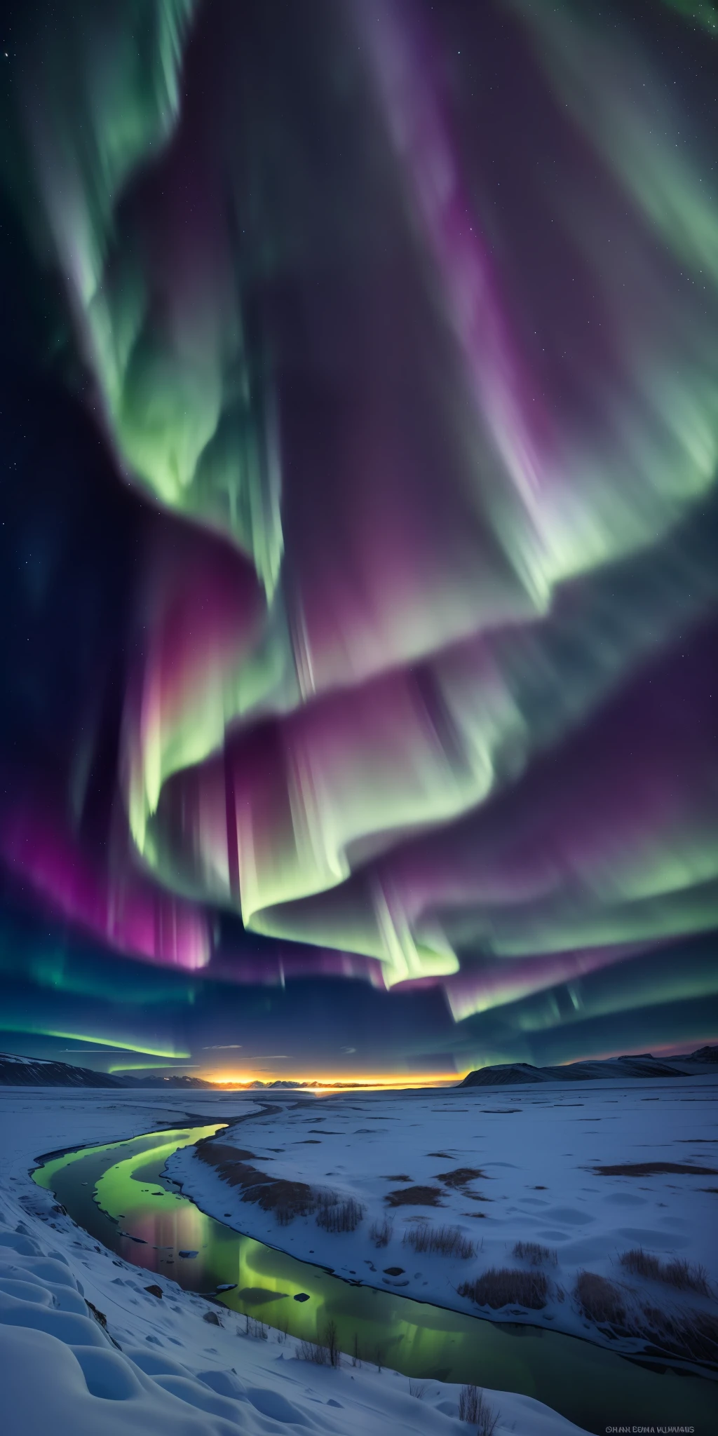 dynamic angle, nordic landscape, vast frozen plains and hills under the (aurora borealis), sublime, stunning, beautiful scene, snowflakes in the air, gorgeous, shimmering snow, night scene, starry sky, clear sky, vibrant colors, natural lighting, dynamic composition, highly detailed, sharp and crisp image,