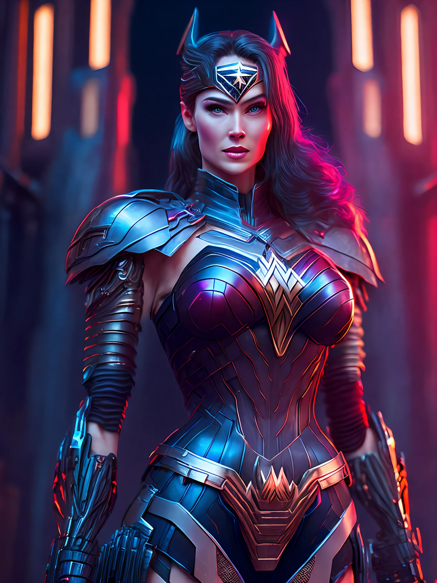 Portrait, Terminator Wonder Woman from DC, biomechanical, complex robot, full growth, hyperrealistic, insane small details, extremely sharp lines, cyberpunk aesthetic, masterpiece presented at Zbrush Central, gothic brutalist cathedral, cyberpunk, award-winning photo, bokeh, neon lights, cybernetic limb