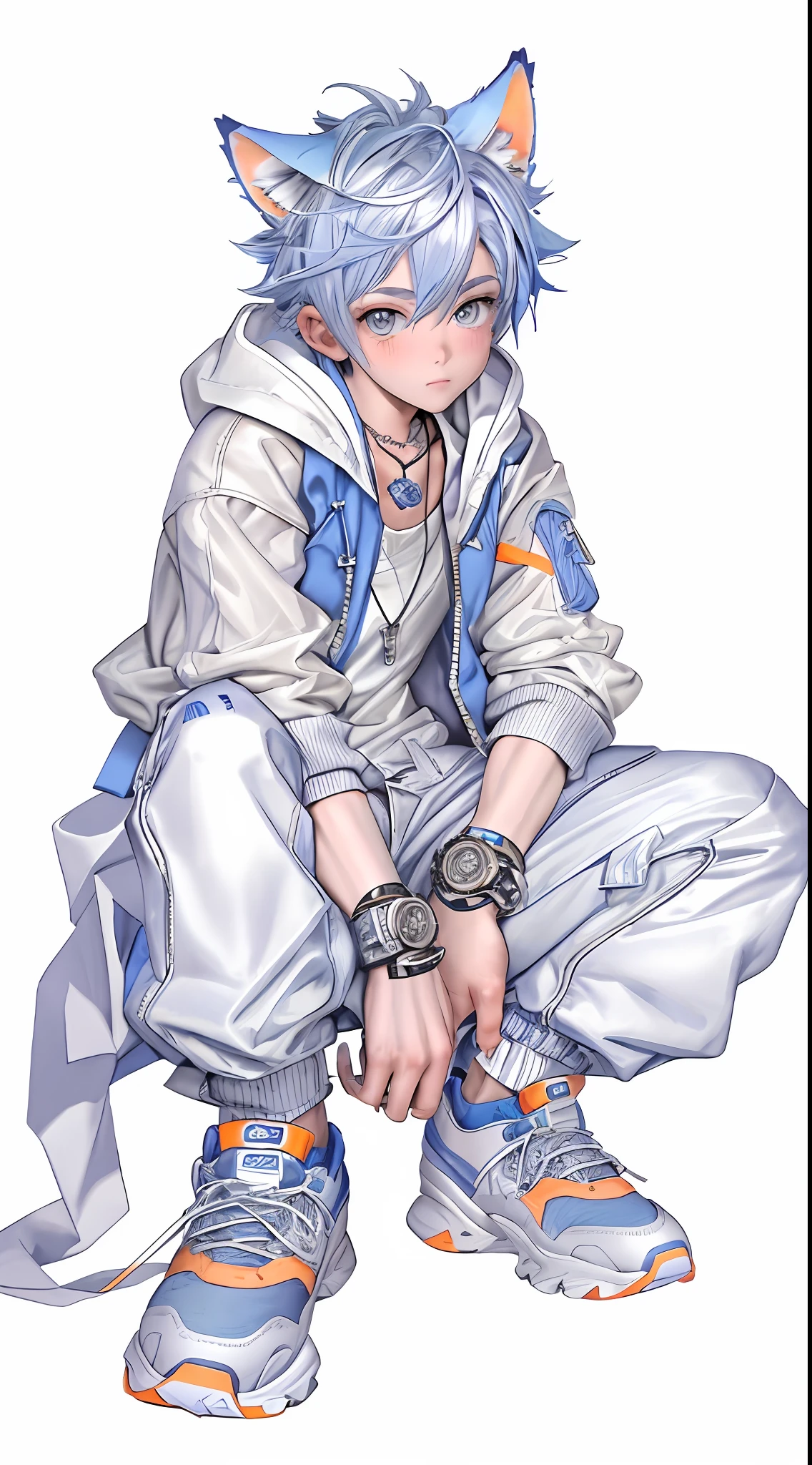 a masterpiece，Bestquality，Official Art，8kwallpaper，RAWExtremely detailed，illustartion，1BOY，Animal ears，blue hair，with short hair，Trendy outfits，Silver necklace，Orange mechanical watch，white sneakers，squat down，Hands droop naturally，Blue hooded jacket with graphic monogram，Light-colored denim cargo pants，Street side，