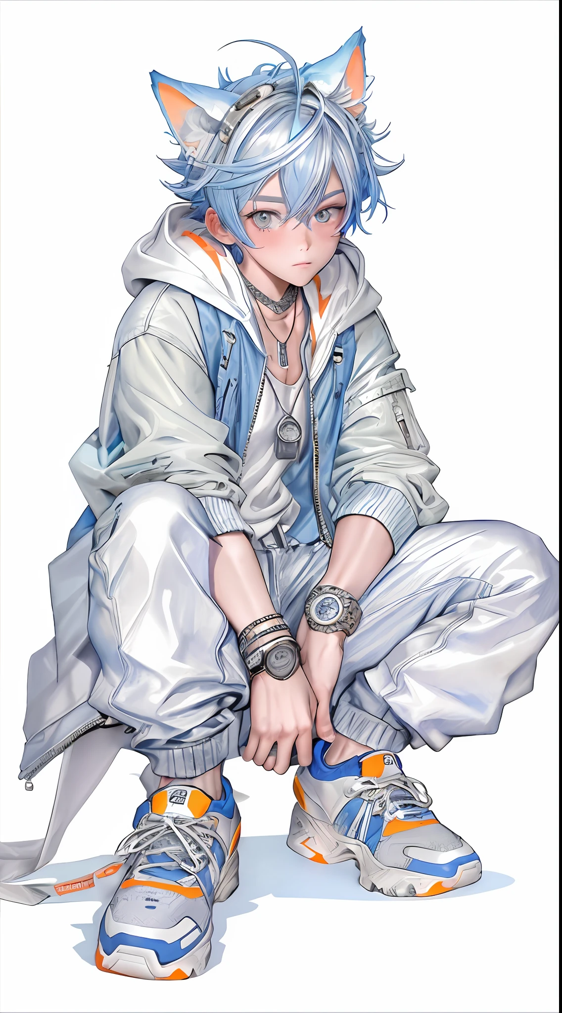 a masterpiece,Bestquality,Official Art,8kwallpaper,RAWExtremely detailed,illustartion,1BOY,Animal ears,blue hair,with short hair,Trendy outfits,Silver necklace,Orange mechanical watch,white sneakers,squat down,Hands droop naturally,Blue hooded jacket with graphic monogram,Light-colored denim cargo pants,Street side,