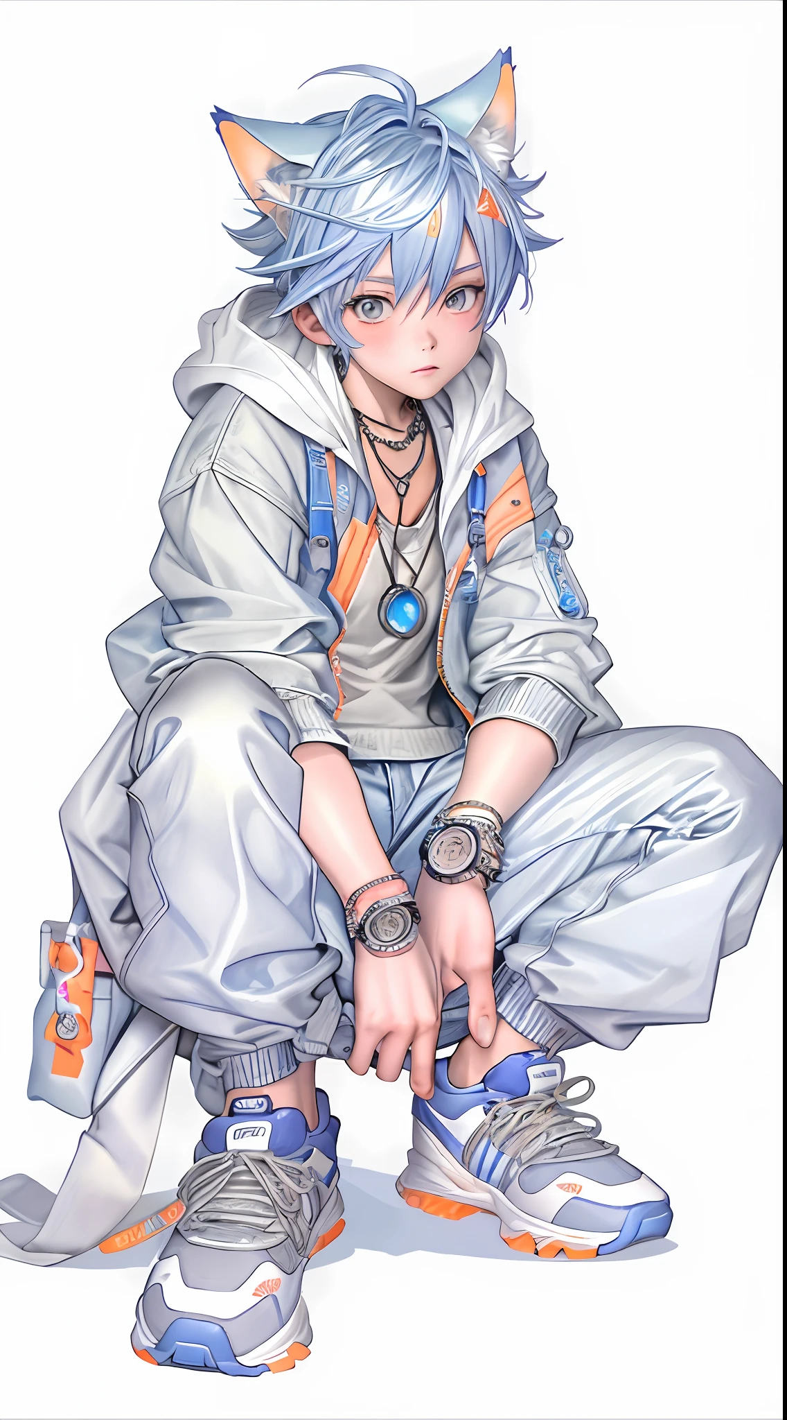 a masterpiece,Bestquality,Official Art,8kwallpaper,RAWExtremely detailed,illustartion,1BOY,Animal ears,blue hair,with short hair,Trendy outfits,Silver necklace,Orange mechanical watch,white sneakers,squat down,Hands droop naturally,Blue hooded jacket with graphic monogram,Light-colored denim cargo pants,Street side,