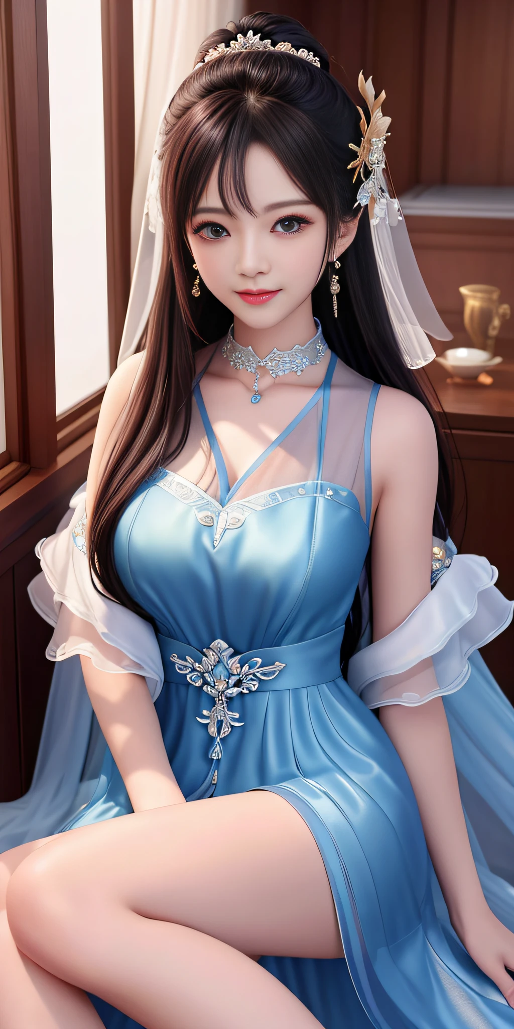 Best quality、a masterpiece、high res、1 girl、Sheer silk porcelain dress、Nice face、hair ornament、looks at the viewer、smile,、,、Shut your mouth、Lips、One Piece Dresses、Sexy beautiful legs,Plump breasts,hair ornament、Choker、JEWELRY、length hair、earings、Pretty Face、On the body、Tindal effect、realistness、Shadow Studio、edge lighting、Two-Color Lighting、(highdetailedskin:1.2)、8k Ultra HD、DSLR、softlighting、High Quality,Volumetric Lighting,photograph of,High resolution 4K,8k,Blur the background