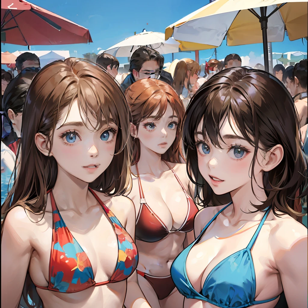 {{Teenage female, caucasian, hundreds of girls, thousands of girls, multiple girls, many girls, only girls, crowd shot, girls are friends}}, looking at viewer, hazel eyes, extremely detailed, brown hair, blonde hair, red hair, black hair, {{blue bikinis, matching bikinis, identical bikinis, same color bikinis}}, pool, pool party, crowd of girls, girls partying, happy, best quality, high quality, extremely detailed anime screencap