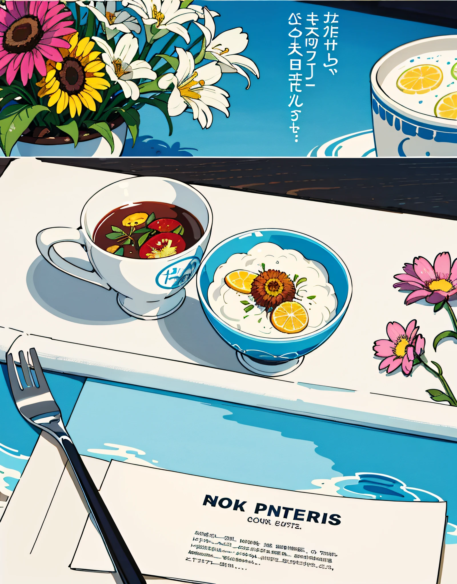 No characters, painting directly on canvas, everyday objects, water glasses, flowers, food, text, diagrams, advertisements, magazine titles, no people