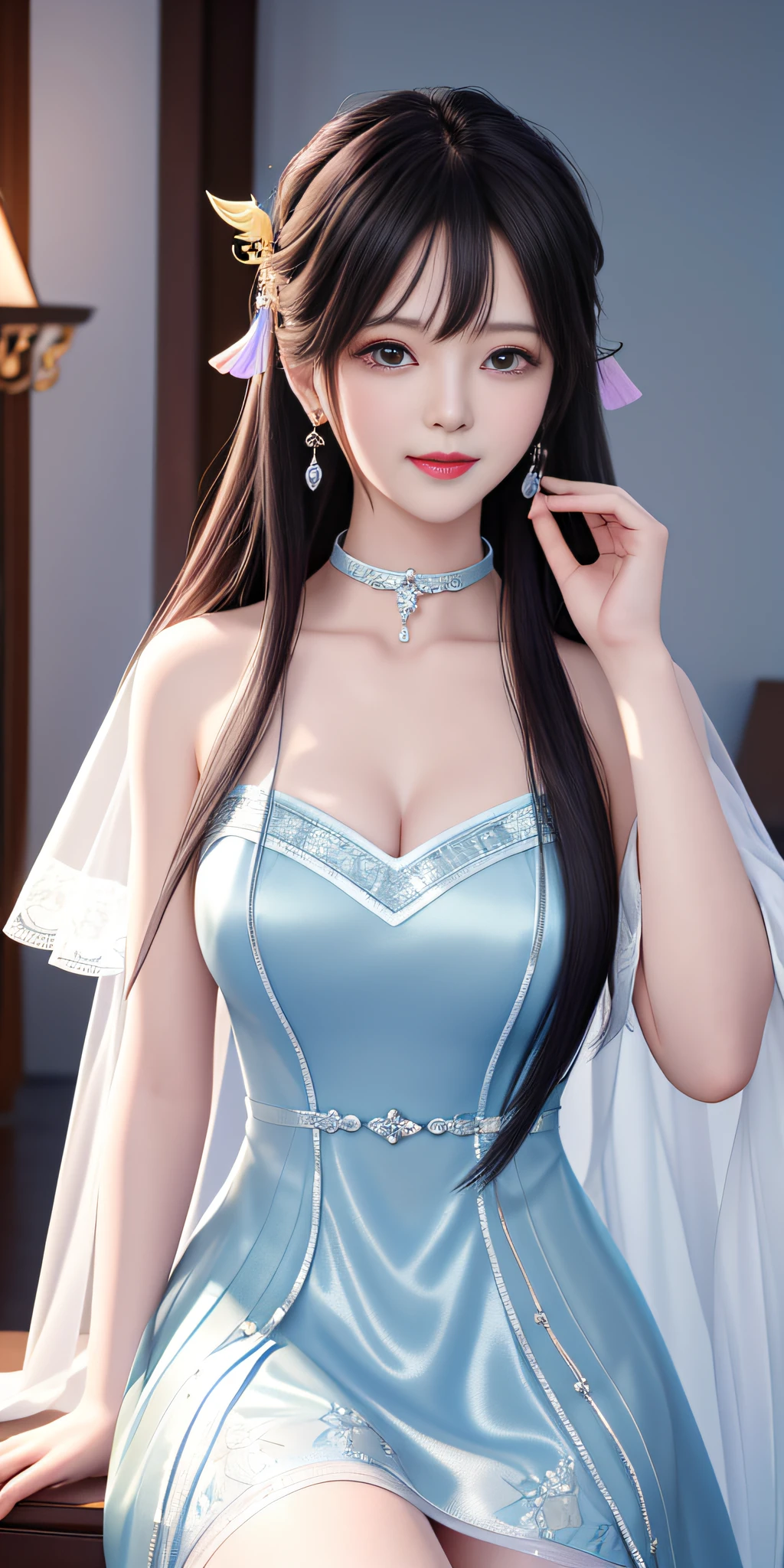 Best quality、a masterpiece、high res、1 girl、Sheer silk porcelain dress、Nice face、hair ornament、looks at the viewer、smile,、,、Shut your mouth、Lips、One Piece Dresses、Sexy beautiful legs,Plump breasts,hair ornament、Choker、JEWELRY、length hair、earings、Pretty Face、On the body、Tindal effect、realistness、Shadow Studio、edge lighting、Two-Color Lighting、(highdetailedskin:1.2)、8k Ultra HD、DSLR、softlighting、High Quality,Volumetric Lighting,photograph of,High resolution 4K,8k,Blur the background