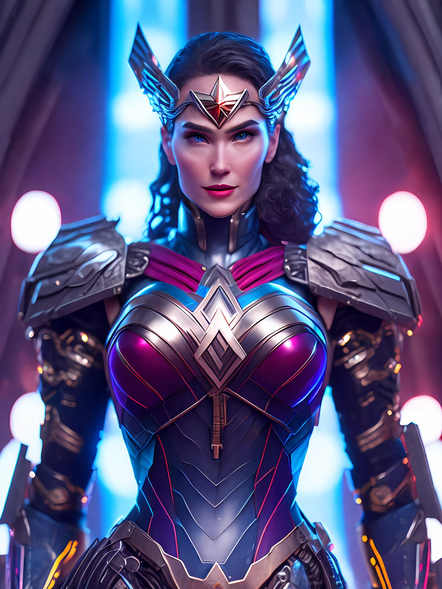 Portrait, Cyborg Wonder Woman from DC, biomechanical, complex robot, full growth, hyperrealistic, insane small details, extremely clear lines, cyberpunk aesthetic, masterpiece featured at Zbrush Central, gothic brutalist cathedral, cyberpunk, award-winning photo, bokeh, neon lights, cybernetic limb