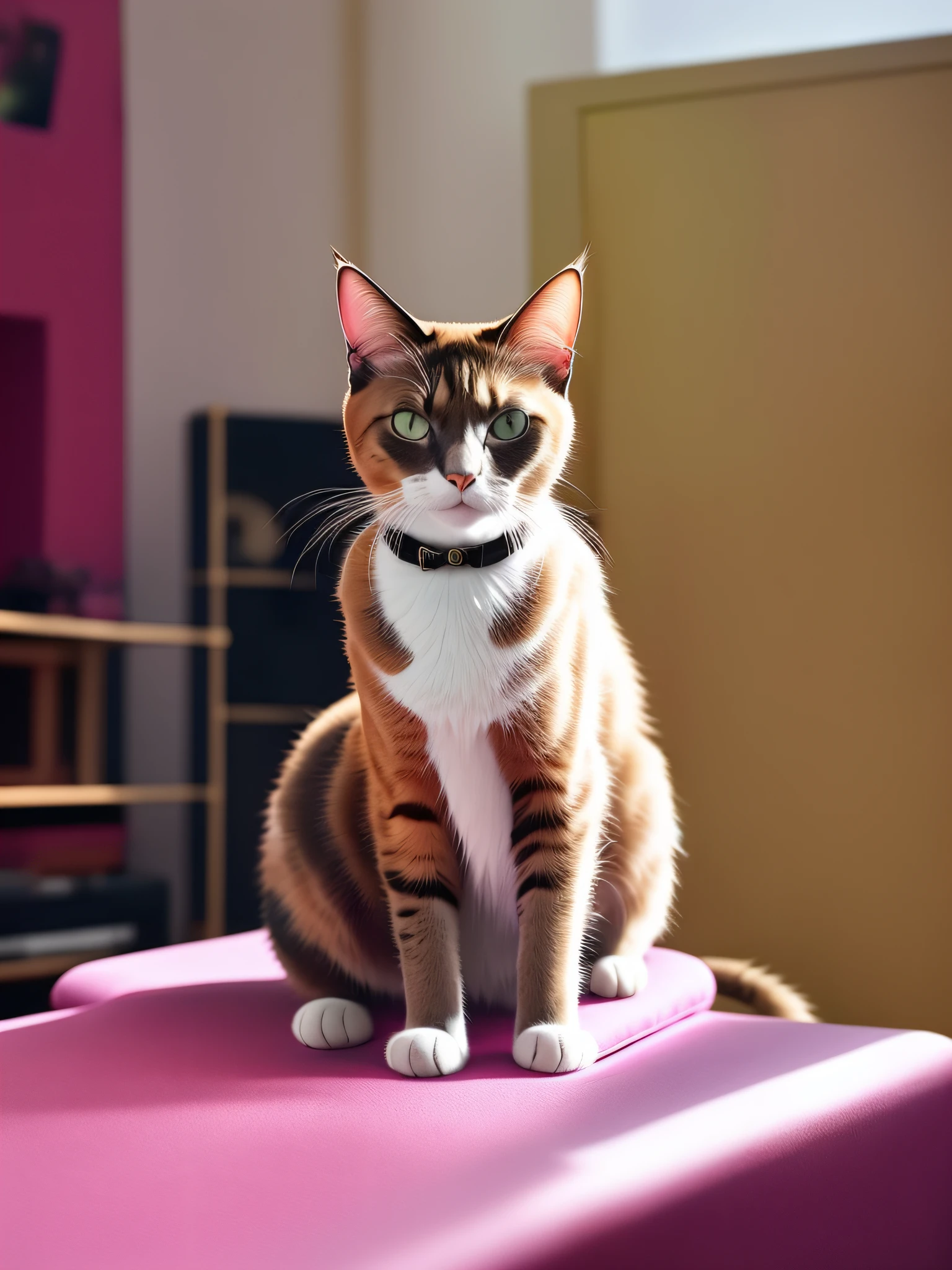 there is a cat sitting on a pink cushion in a room, aesthetic siamese cat, proud serious expression,