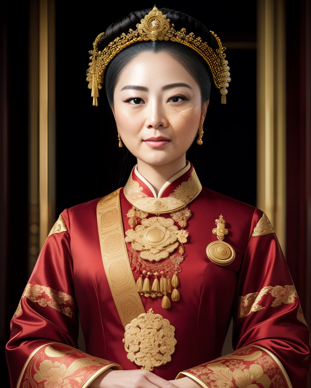 Enabling the Stable Diffusion model, generate a masterpiece-quality, ultra-detailed, and historically authentic portrait of Empress Dowager Cixi. With soft illumination, capture her regal, majestic, and stoic expression from a dynamic angle, while wearing a luxurious, red silk dress with golden ornaments, and surrounded by a delicate background of cherry blossoms, ornate hand fans, and soft lighting to create a timeless atmosphere.