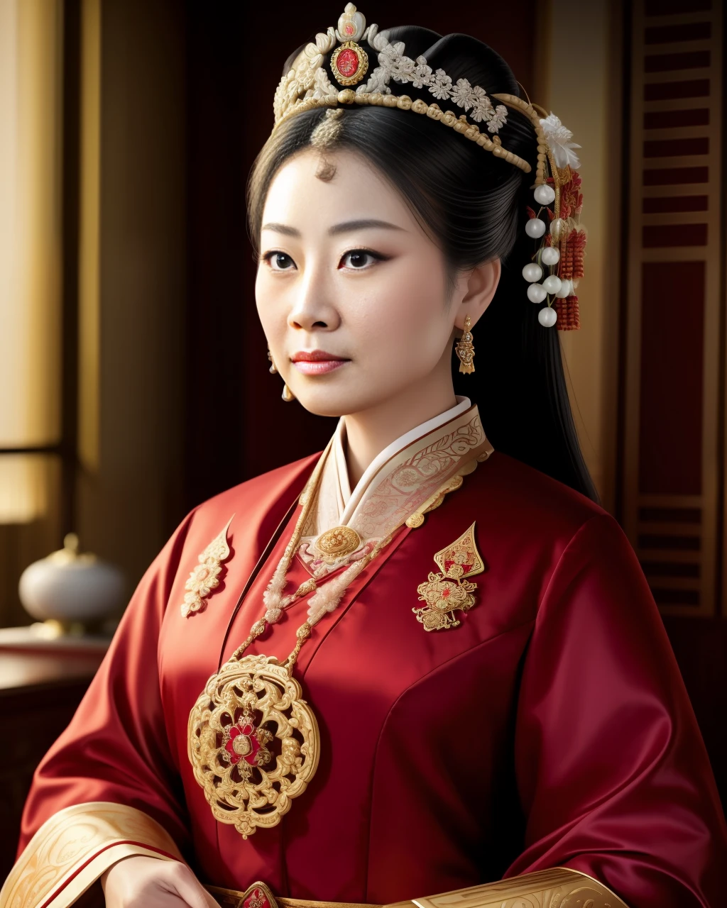 Enabling the Stable Diffusion model, generate a masterpiece-quality, ultra-detailed, and historically authentic portrait of Empress Dowager Cixi. With soft illumination, capture her regal, majestic, and stoic expression from a dynamic angle, while wearing a luxurious, red silk dress with golden ornaments, and surrounded by a delicate background of cherry blossoms, ornate hand fans, and soft lighting to create a timeless atmosphere.