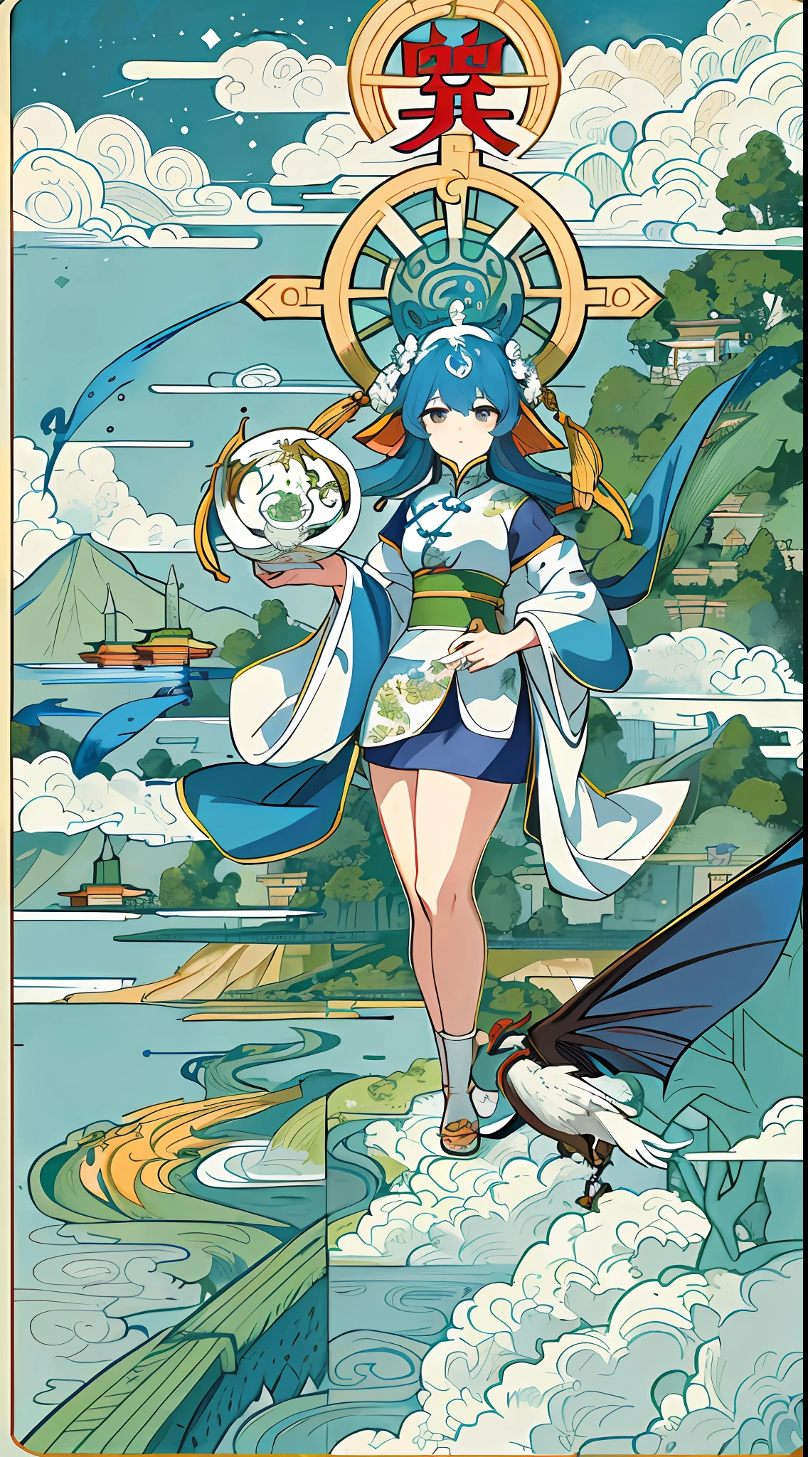 I'm going to draw a poster about the Dragon Boat Festival, The poster shows a tranquil natural scene。In a green bamboo forest,There is an ancient temple。There is a large garland in front of the temple gate,It is covered with five-colored silk。The temple is surrounded by a calm lake,Reflecting the blue sky and clouds。There are people flying dragons on the shore of the lake,Dragons soar through the air,Adding mystery and vibrancy to the whole scene。The artistic style is traditional Chinese painting,Use ink and silk brushes,Presents a serene and elegant atmosphere,--AR 16:9 --v 5。