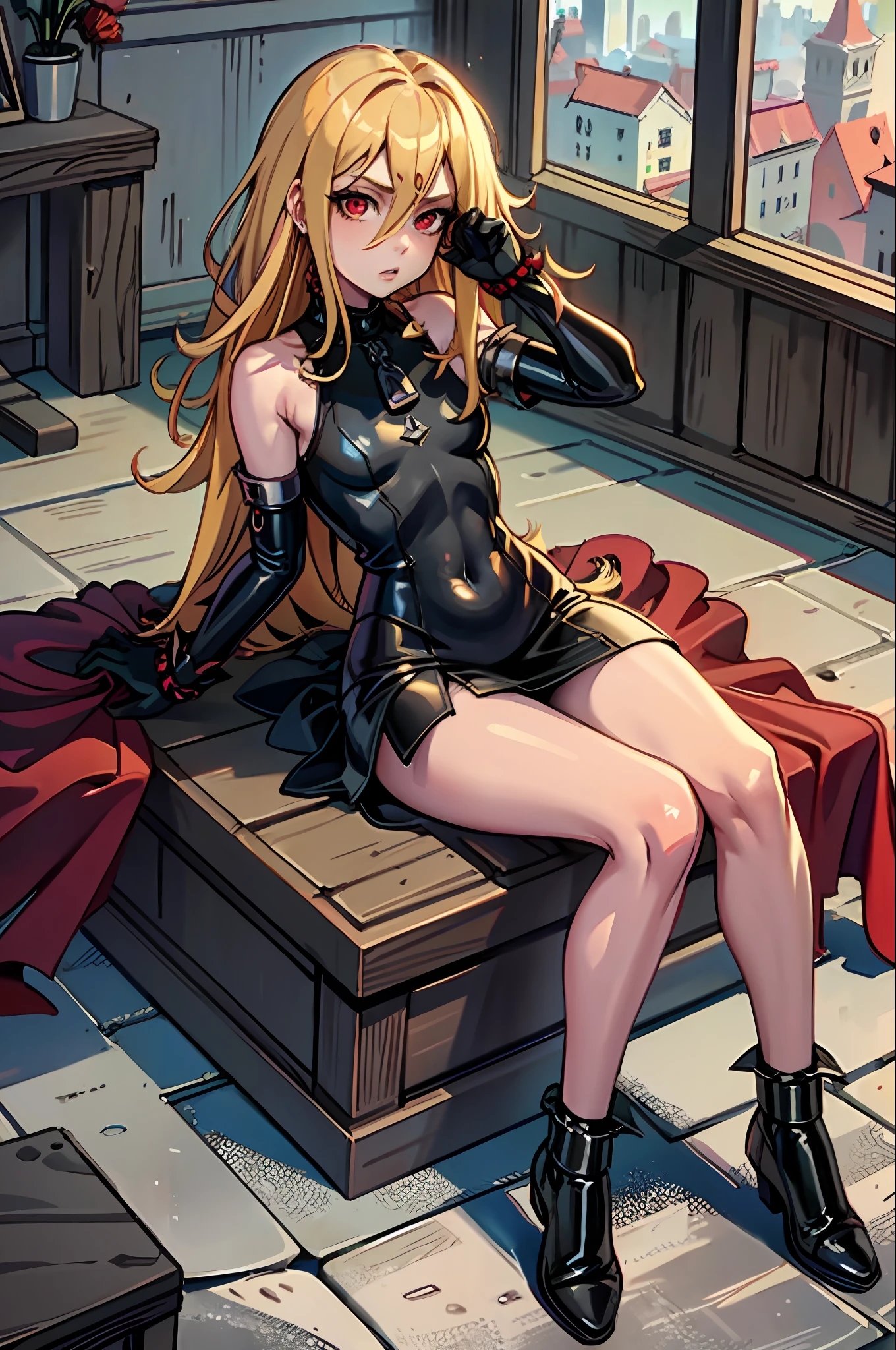 masterpiece, Best Quality, 1girl, loli, blond hair, red eyes, Middle Ages, navel, wide thighs, black dress, bare legs, Legs spread, Sits, erotica