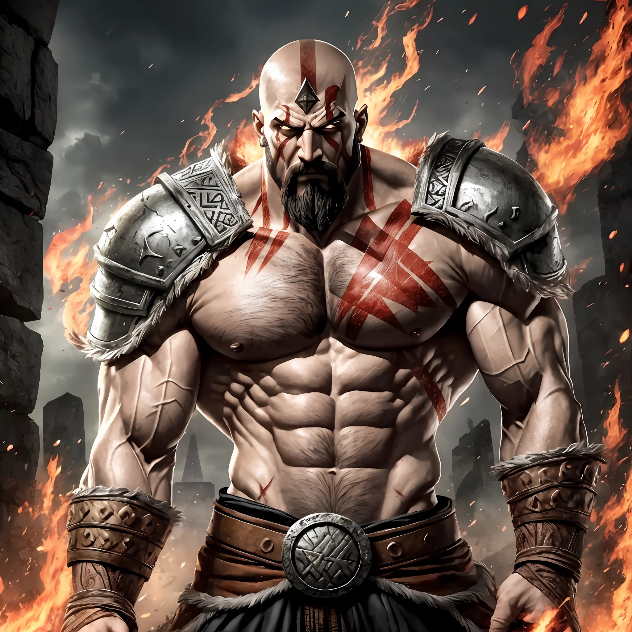 Tall, muscular, Kratos, irritado, gritando, fire runes, Battle Damaged, rage, berserk,Realista, Full HD, melhor qualidade
