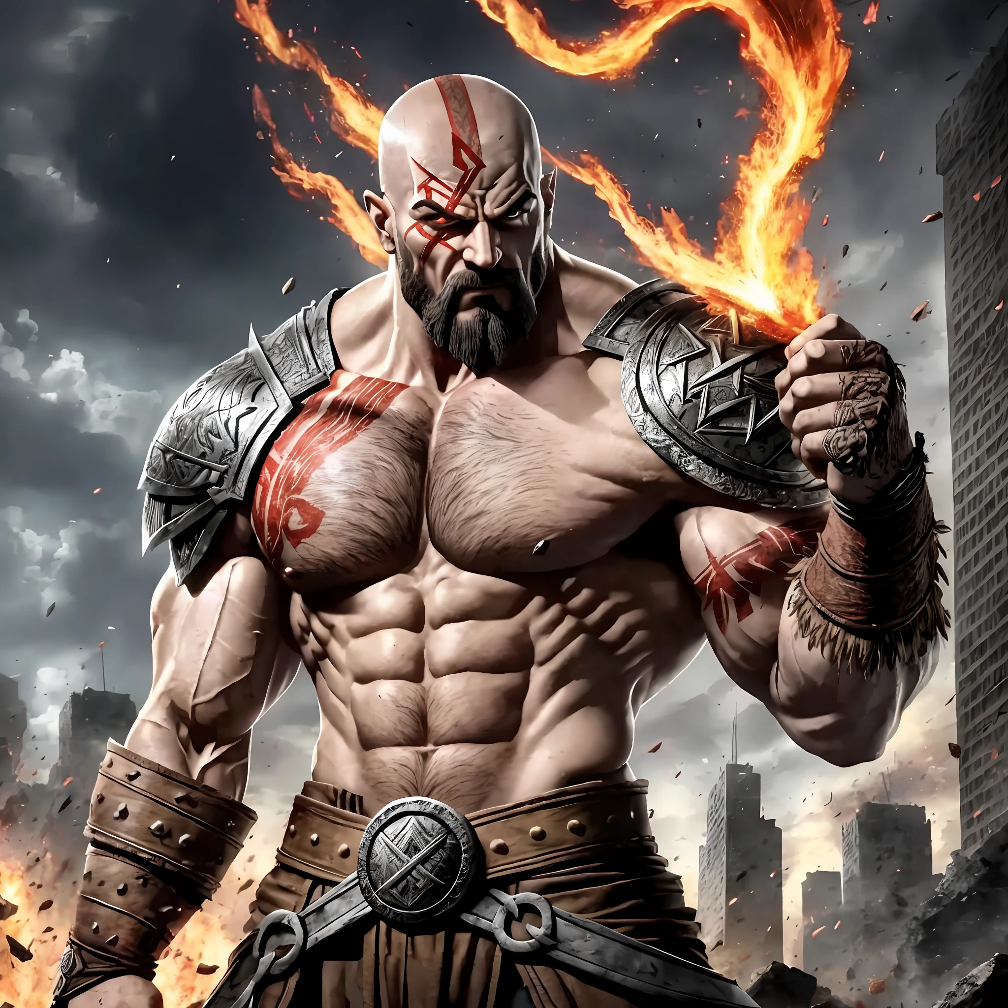 Tall, muscular, Kratos, irritado, gritando, fire runes, Battle Damaged, rage, berserk,Realista, Full HD, melhor qualidade